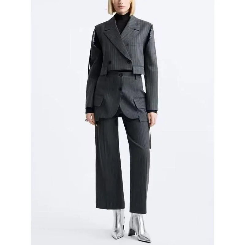 Chic Colorblock Striped Two-Piece Set: Notched Collar Top & High-Waist Pants