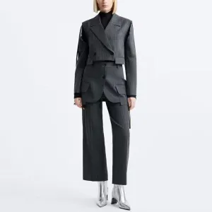 Chic Colorblock Striped Two-Piece Set: Notched Collar Top & High-Waist Pants