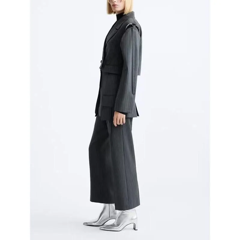 Chic Colorblock Striped Two-Piece Set: Notched Collar Top & High-Waist Pants