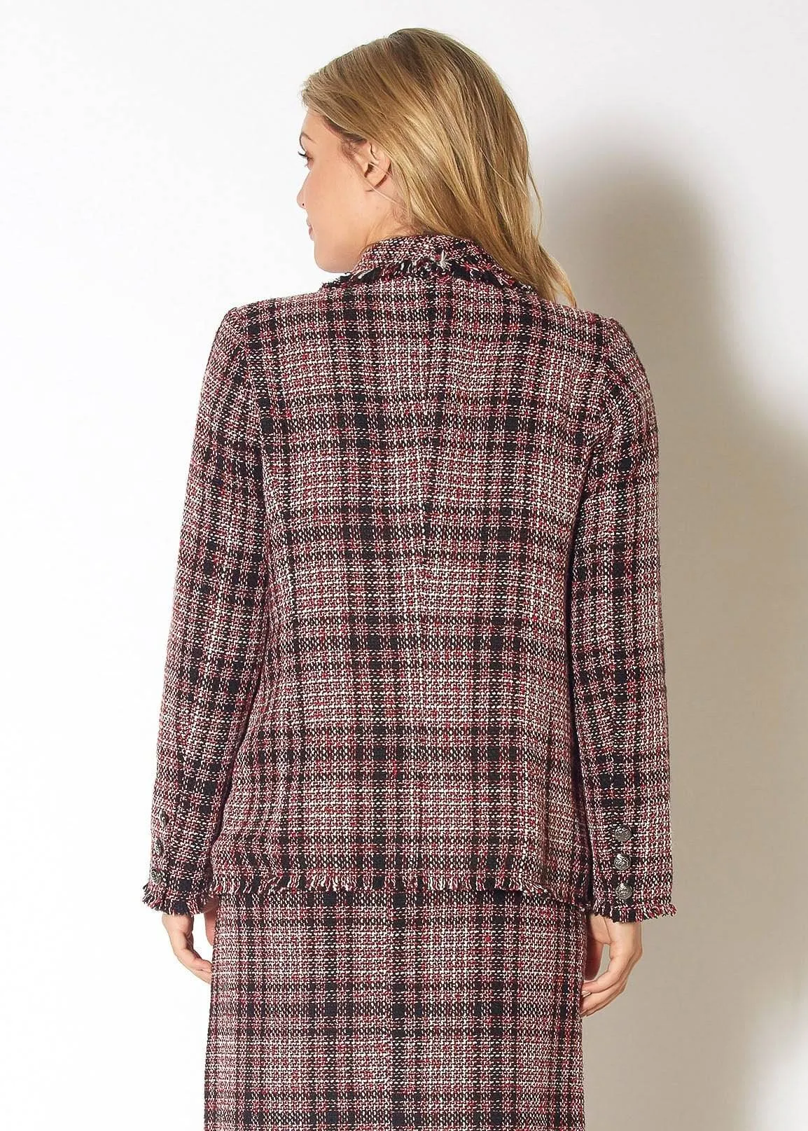 Fringe Hem Plaid Tweed Blazer in Red Black Tweed
