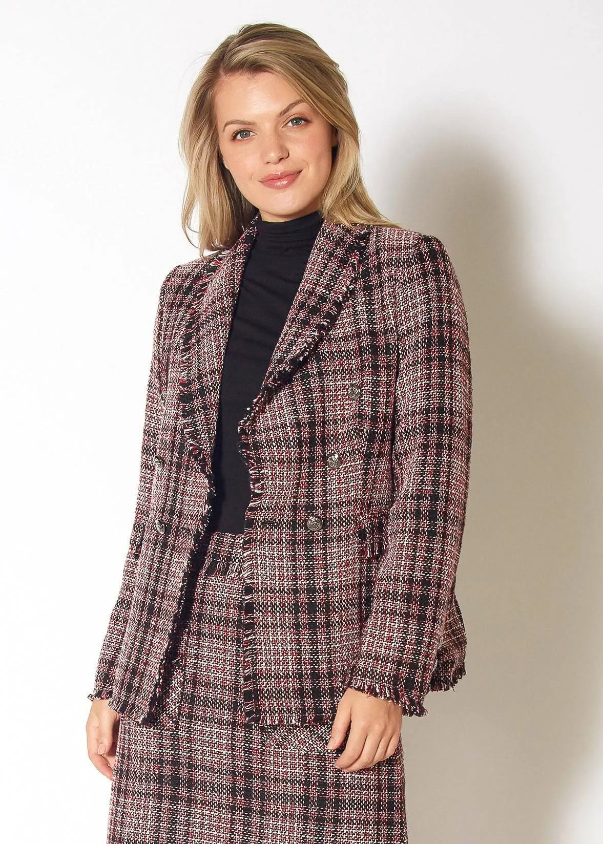 Fringe Hem Plaid Tweed Blazer in Red Black Tweed