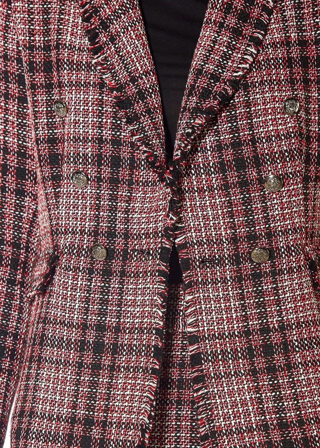 Fringe Hem Plaid Tweed Blazer in Red Black Tweed