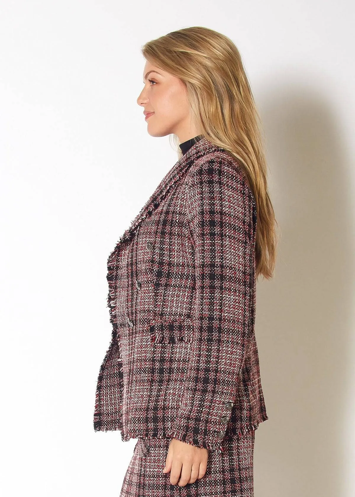 Fringe Hem Plaid Tweed Blazer in Red Black Tweed
