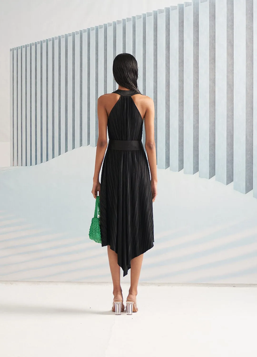 GREEN BLACK COLORBLOCK HALTER PARTY DRESS