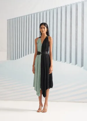 GREEN BLACK COLORBLOCK HALTER PARTY DRESS