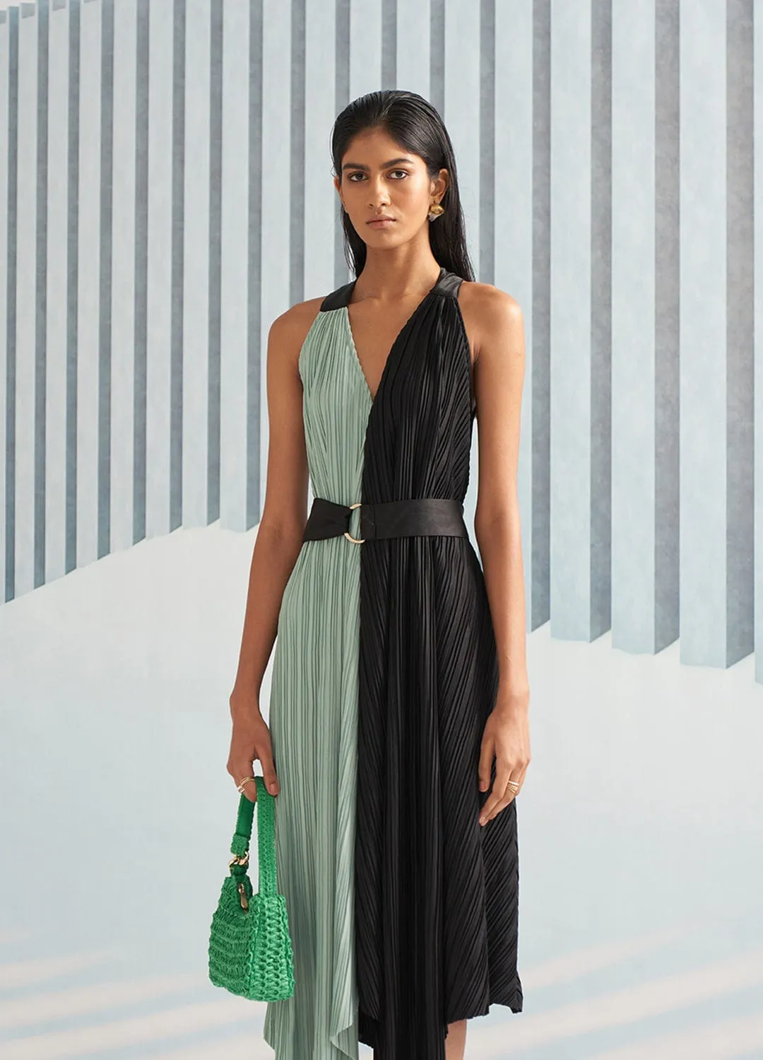 GREEN BLACK COLORBLOCK HALTER PARTY DRESS