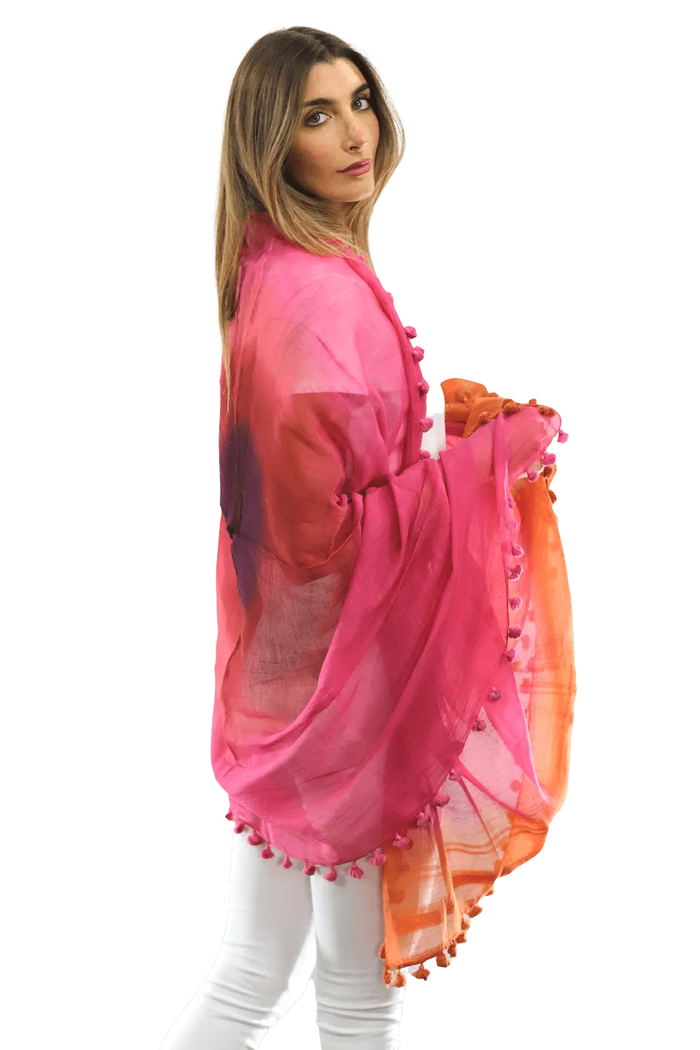 La Fiorentina Solid Silk/Cotton Blend Scarf with Fringes - Fuchsia/Peach