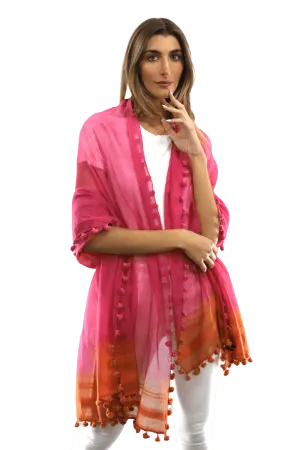 La Fiorentina Solid Silk/Cotton Blend Scarf with Fringes - Fuchsia/Peach