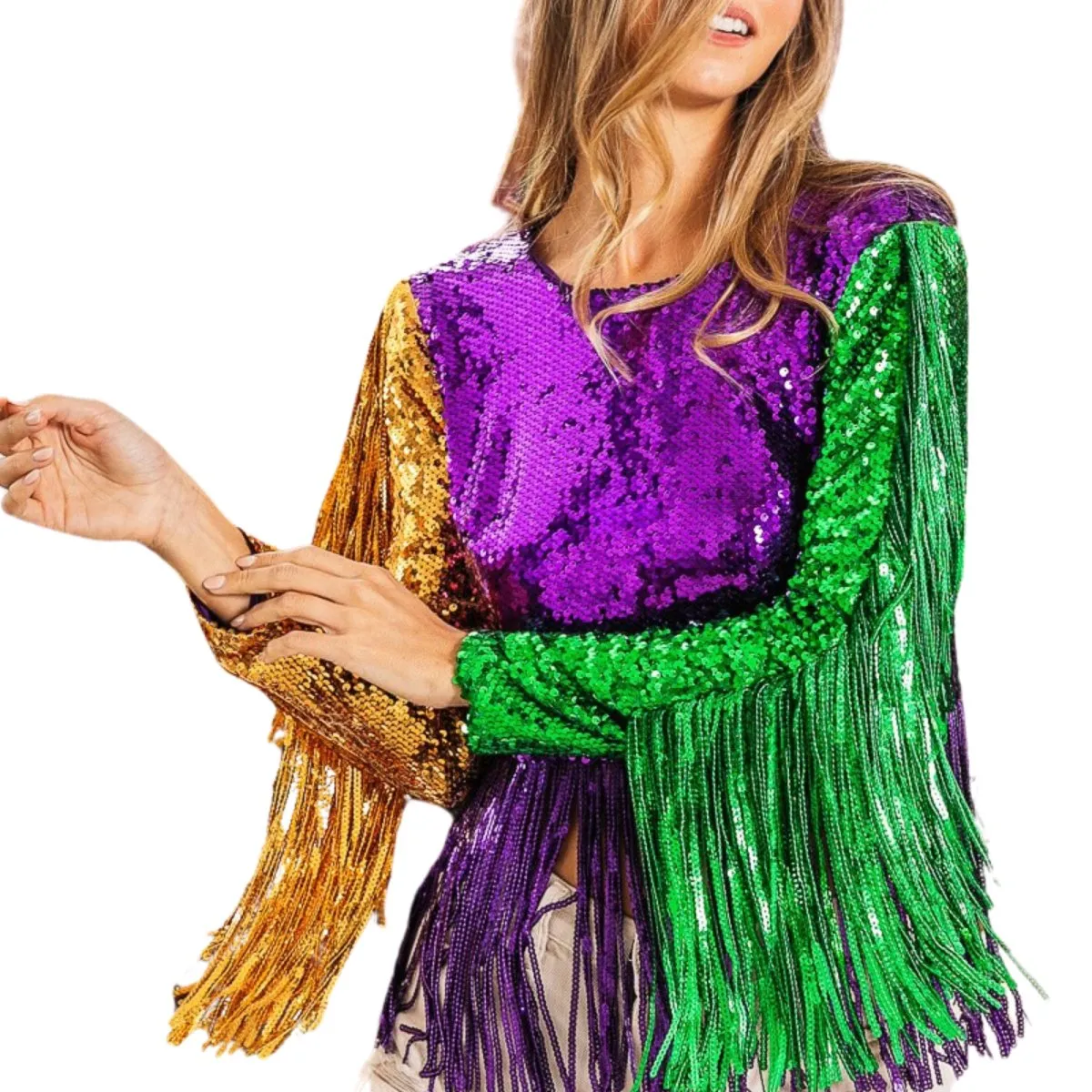 Mardi Gras Fringe Detailed Sequins Crop Top