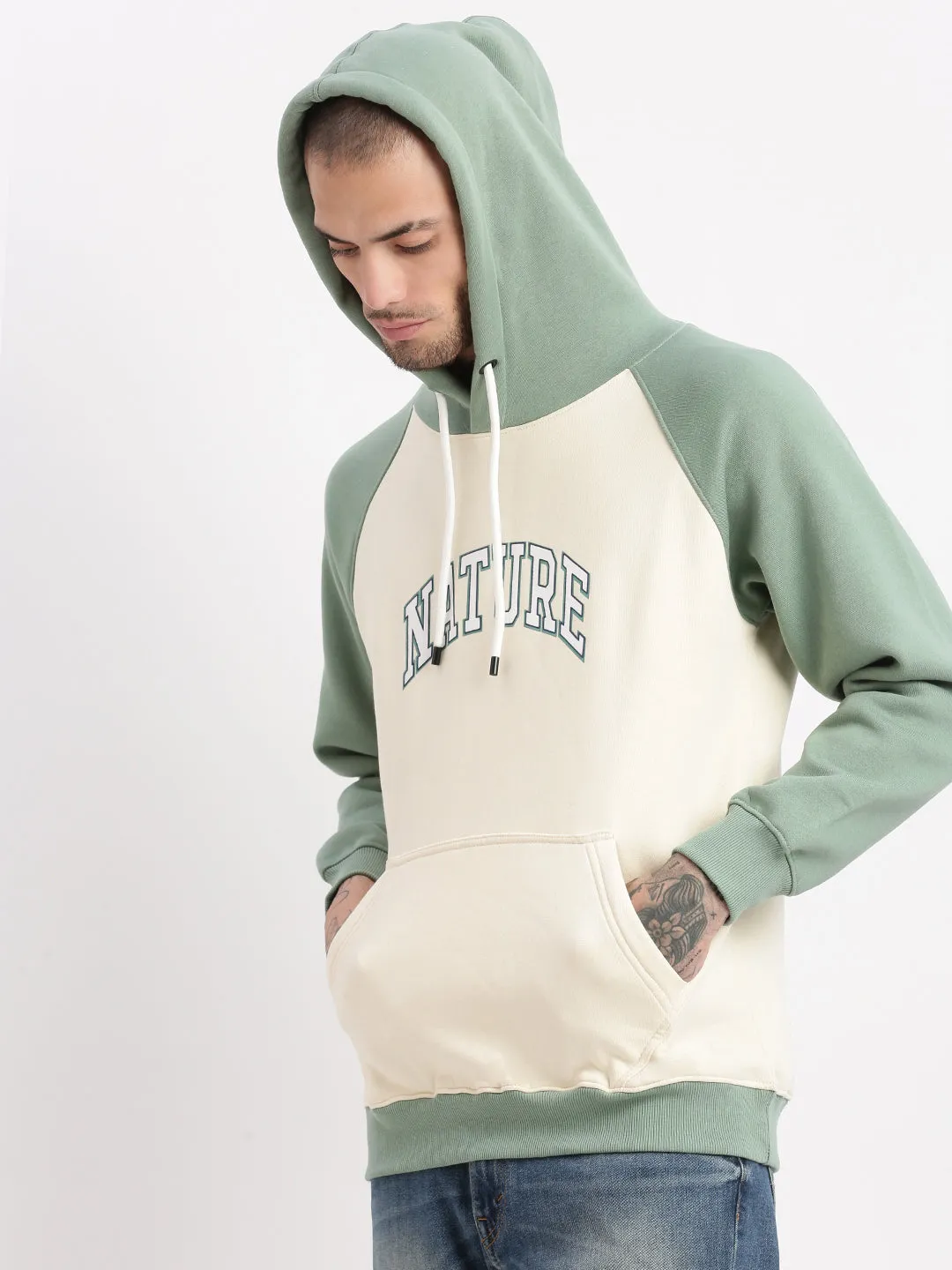 Men Cream Colourblocked Hoodie