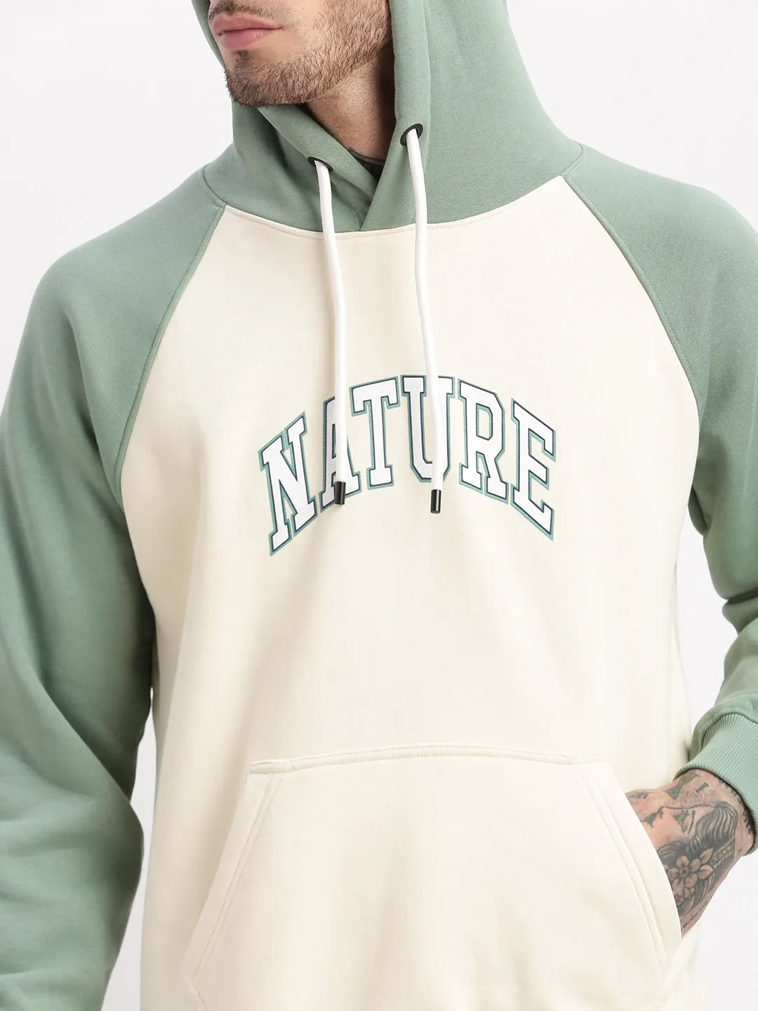 Men Cream Colourblocked Hoodie
