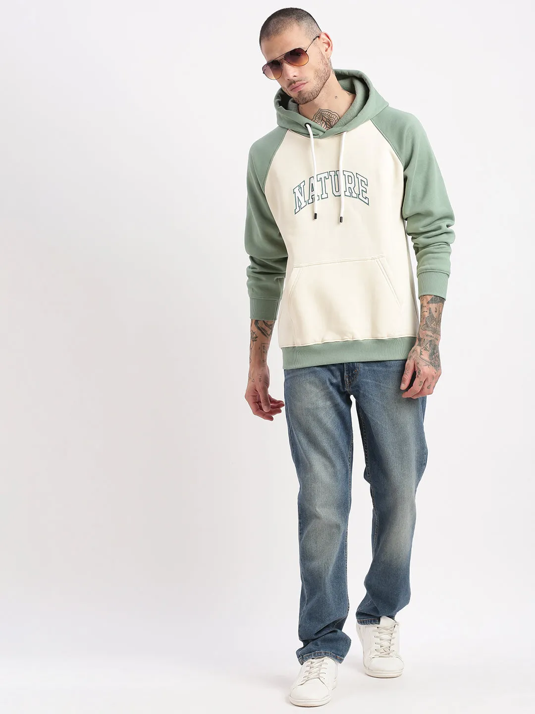Men Cream Colourblocked Hoodie