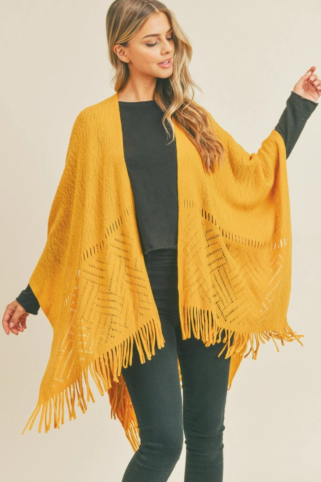 MS0262 Monique Herringbone Knit Fringe Ruana