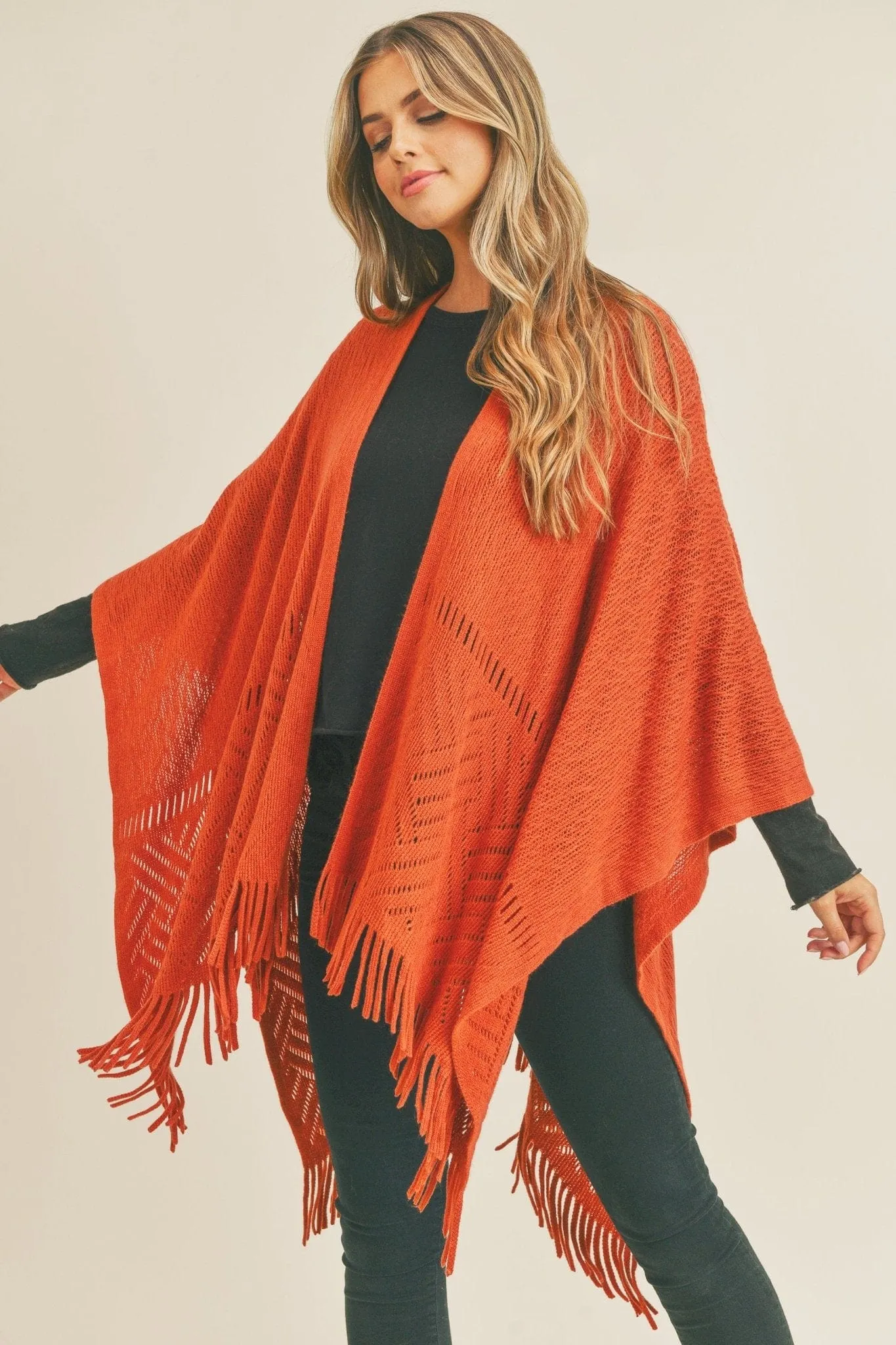 MS0262 Monique Herringbone Knit Fringe Ruana