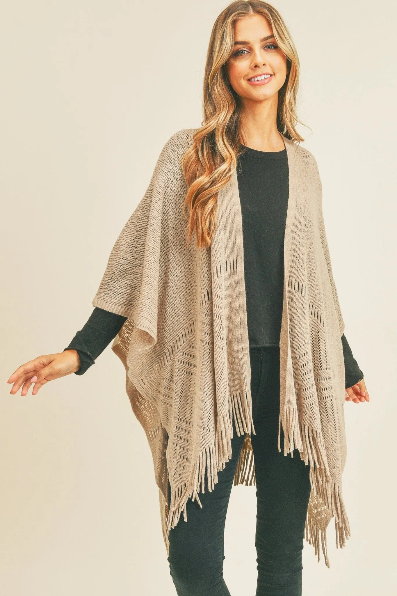 MS0262 Monique Herringbone Knit Fringe Ruana