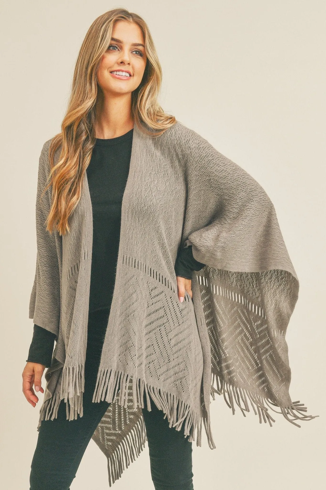MS0262 Monique Herringbone Knit Fringe Ruana