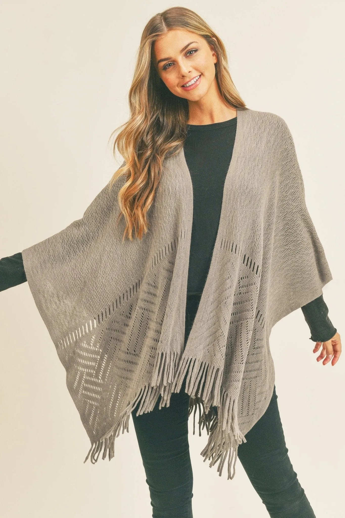 MS0262 Monique Herringbone Knit Fringe Ruana