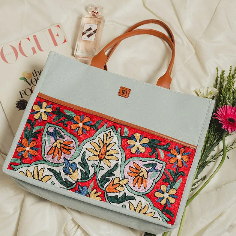 Multicolor - Tulip Pastel Blue Hand Embroidery Canvas Book Tote Bag