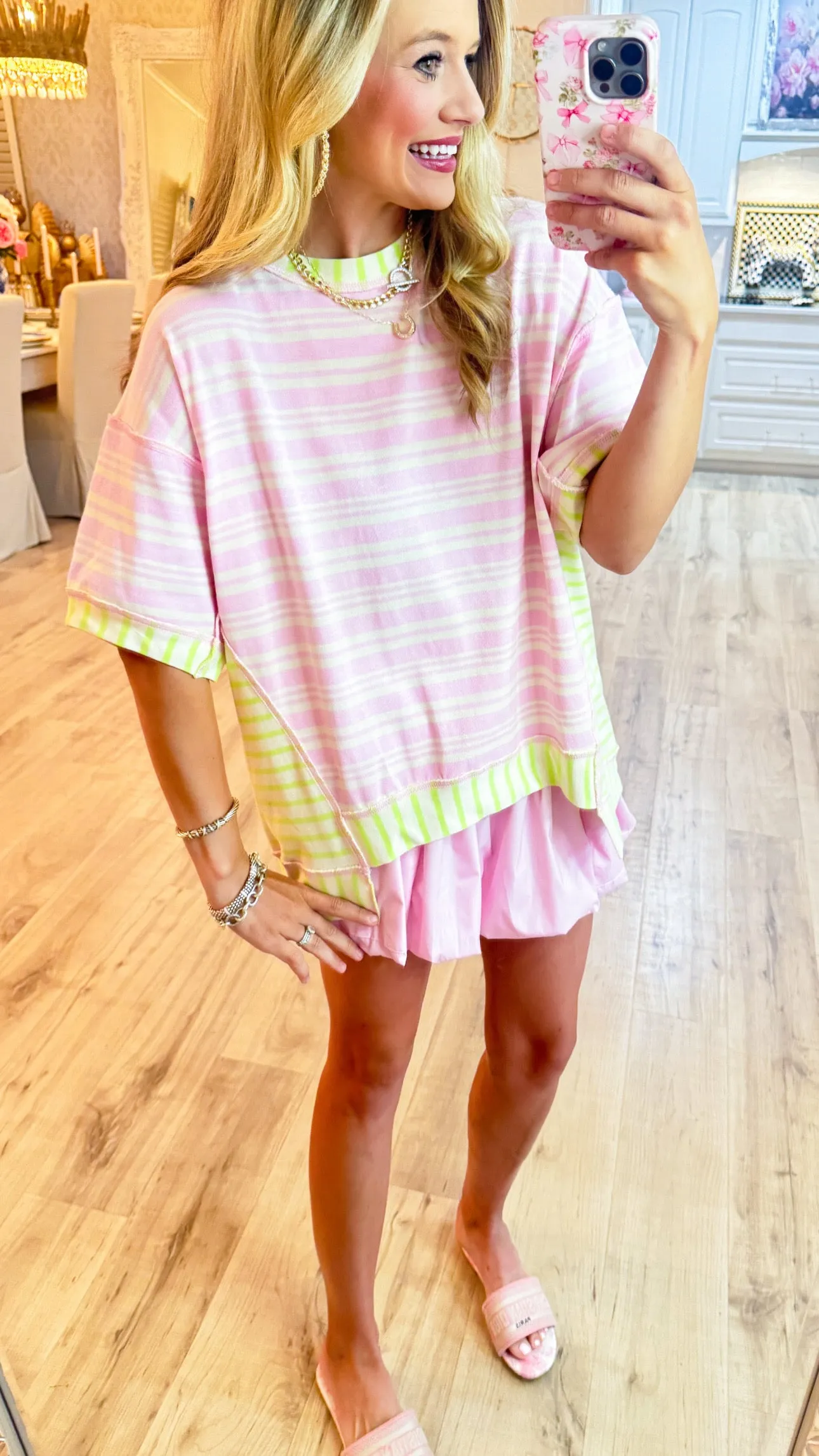 Pink & Lime Stripe Colorblock Top