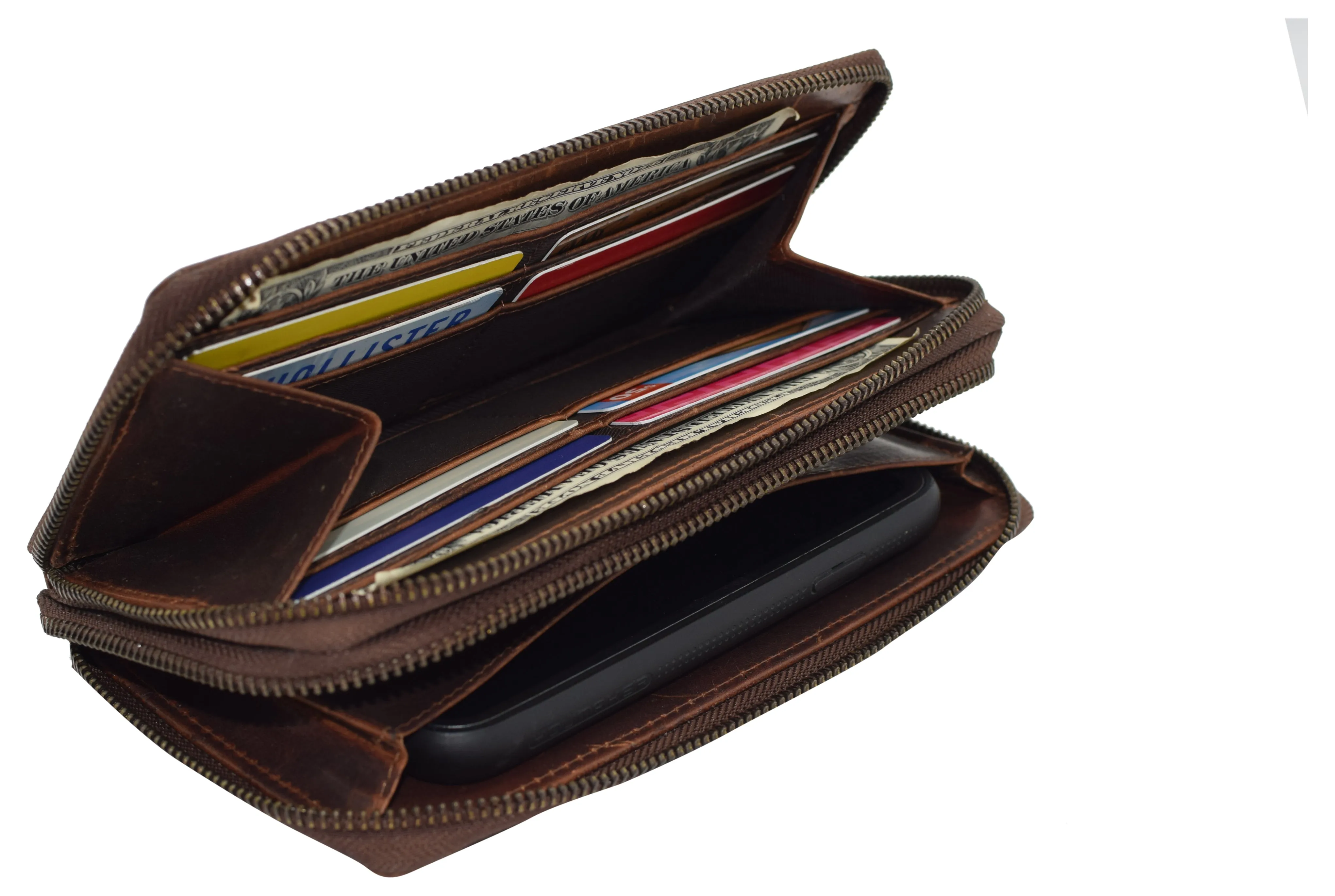 RFID4585RHU CAZORO Women's Vintage Leather RFID Blocking Wallet Double Zipper Organizer Large Phone Pocket Wrislet Wallets for Women