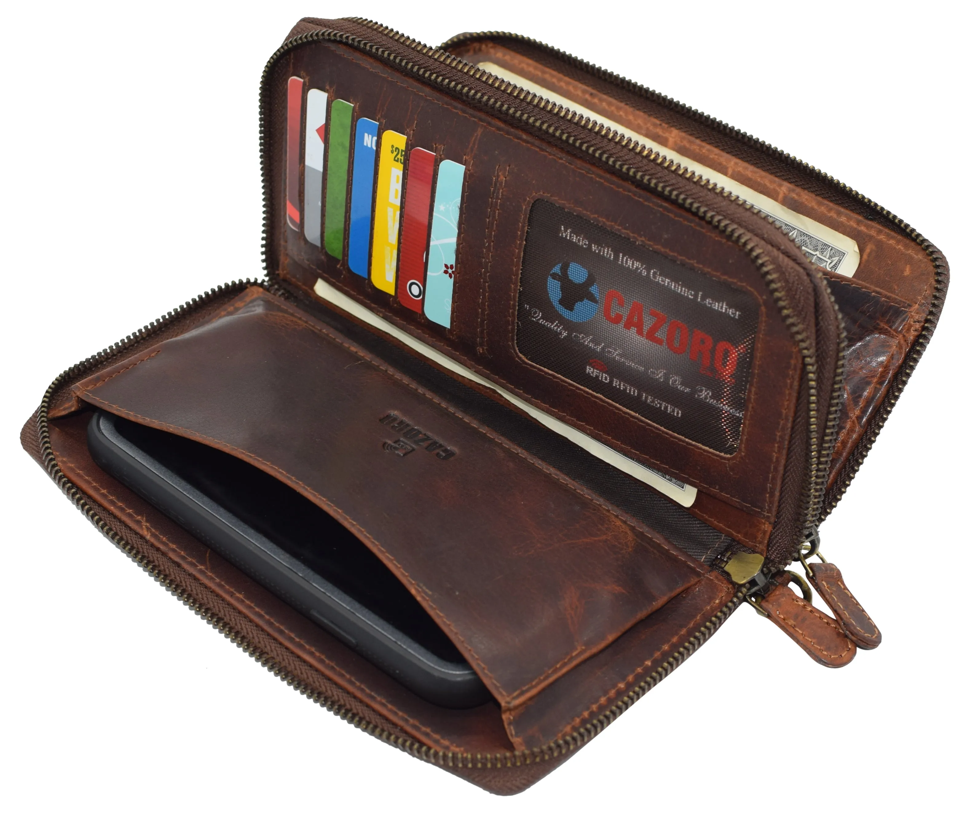 RFID4585RHU CAZORO Women's Vintage Leather RFID Blocking Wallet Double Zipper Organizer Large Phone Pocket Wrislet Wallets for Women