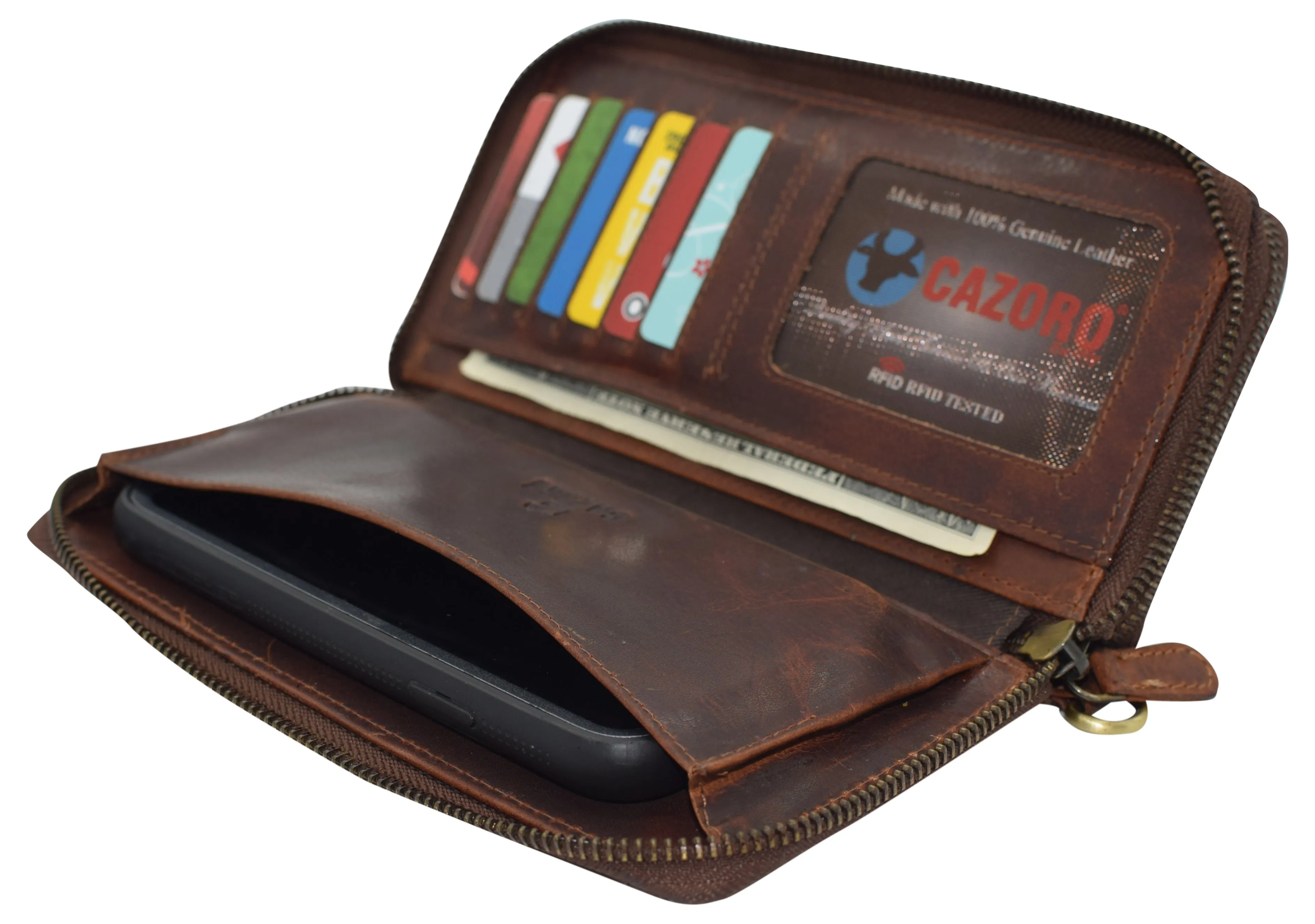 RFID4585RHU CAZORO Women's Vintage Leather RFID Blocking Wallet Double Zipper Organizer Large Phone Pocket Wrislet Wallets for Women