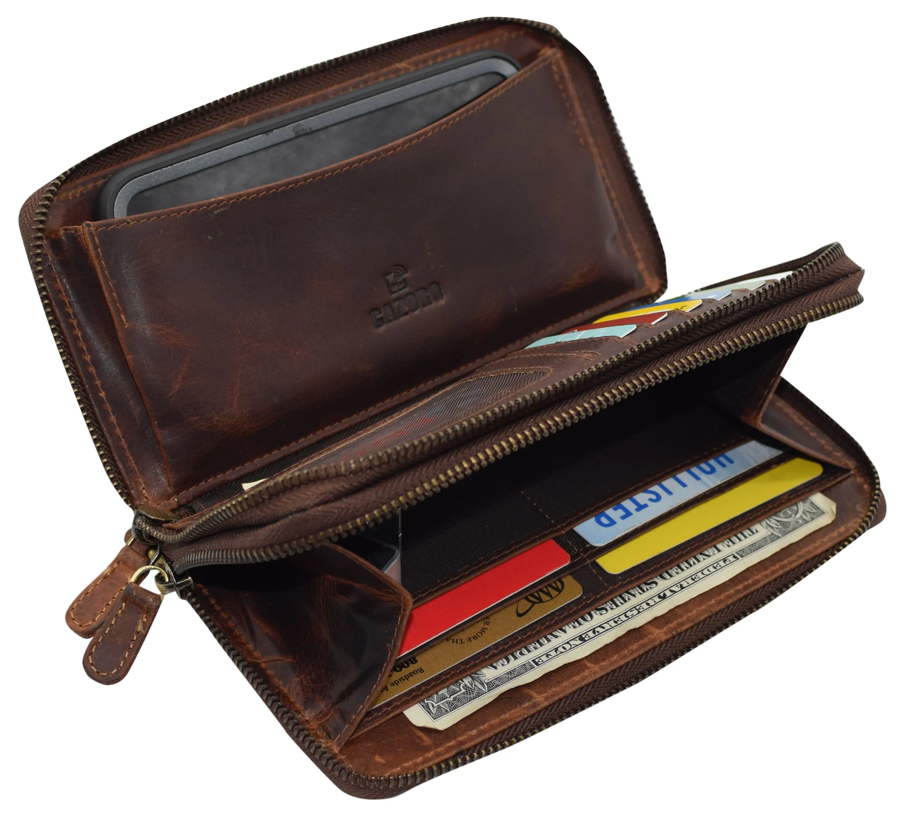 RFID4585RHU CAZORO Women's Vintage Leather RFID Blocking Wallet Double Zipper Organizer Large Phone Pocket Wrislet Wallets for Women