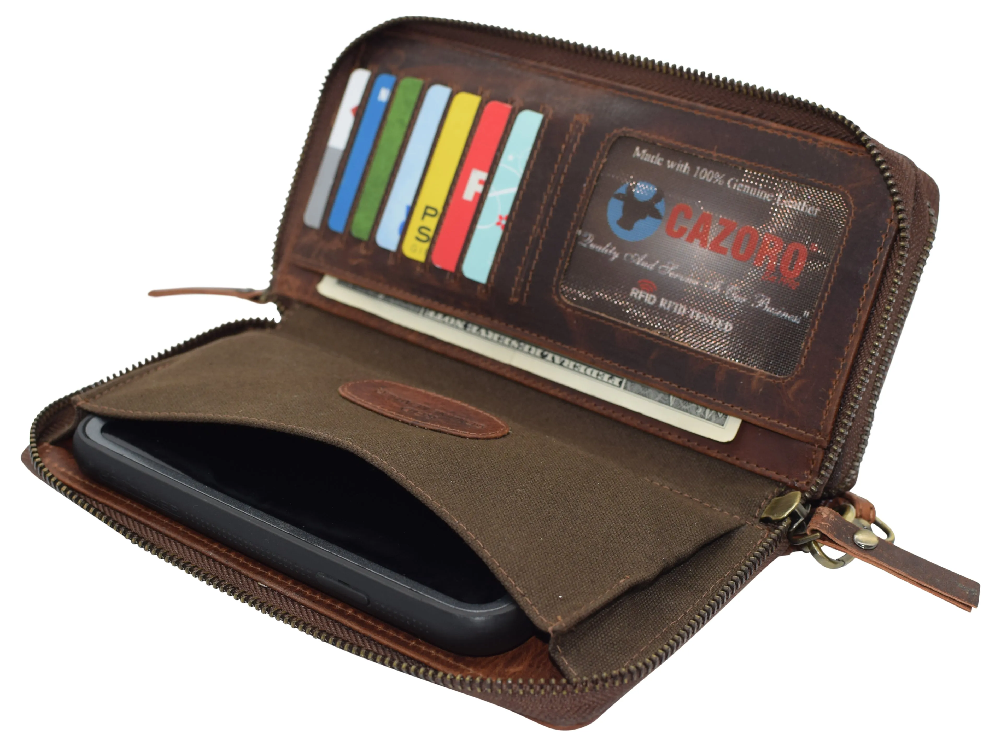 RFID4585RHU CAZORO Women's Vintage Leather RFID Blocking Wallet Double Zipper Organizer Large Phone Pocket Wrislet Wallets for Women