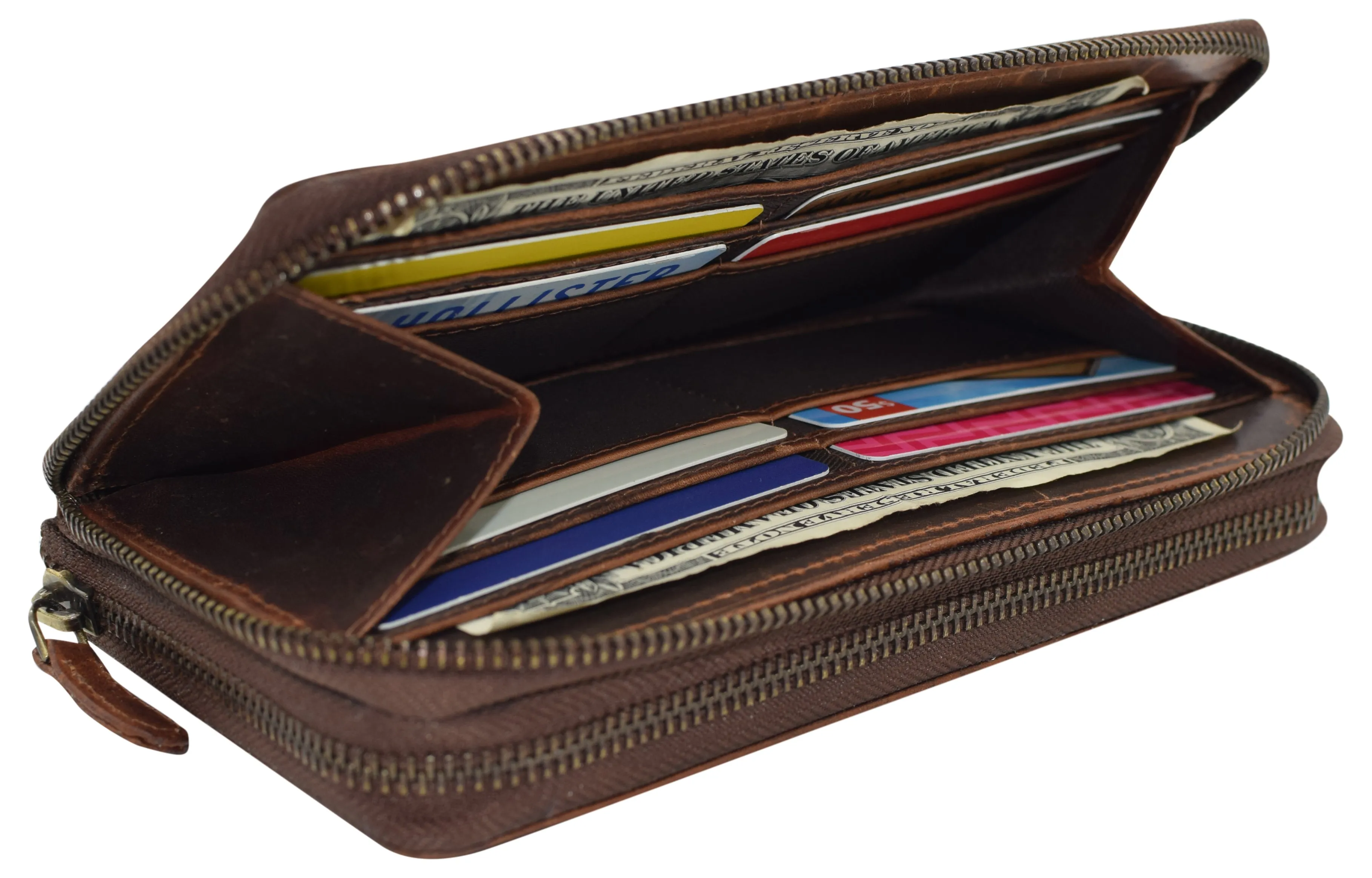 RFID4585RHU CAZORO Women's Vintage Leather RFID Blocking Wallet Double Zipper Organizer Large Phone Pocket Wrislet Wallets for Women
