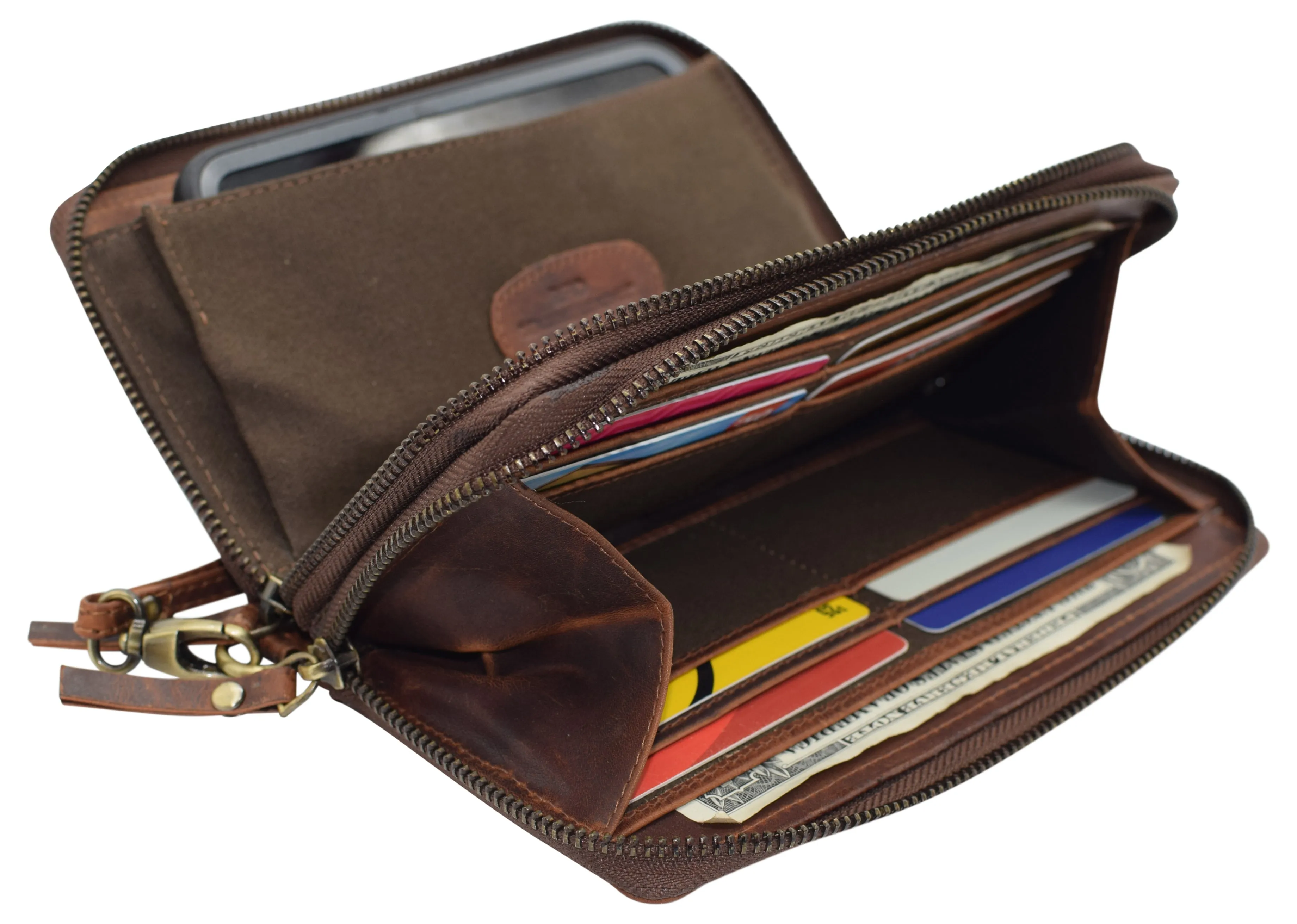 RFID4585RHU CAZORO Women's Vintage Leather RFID Blocking Wallet Double Zipper Organizer Large Phone Pocket Wrislet Wallets for Women
