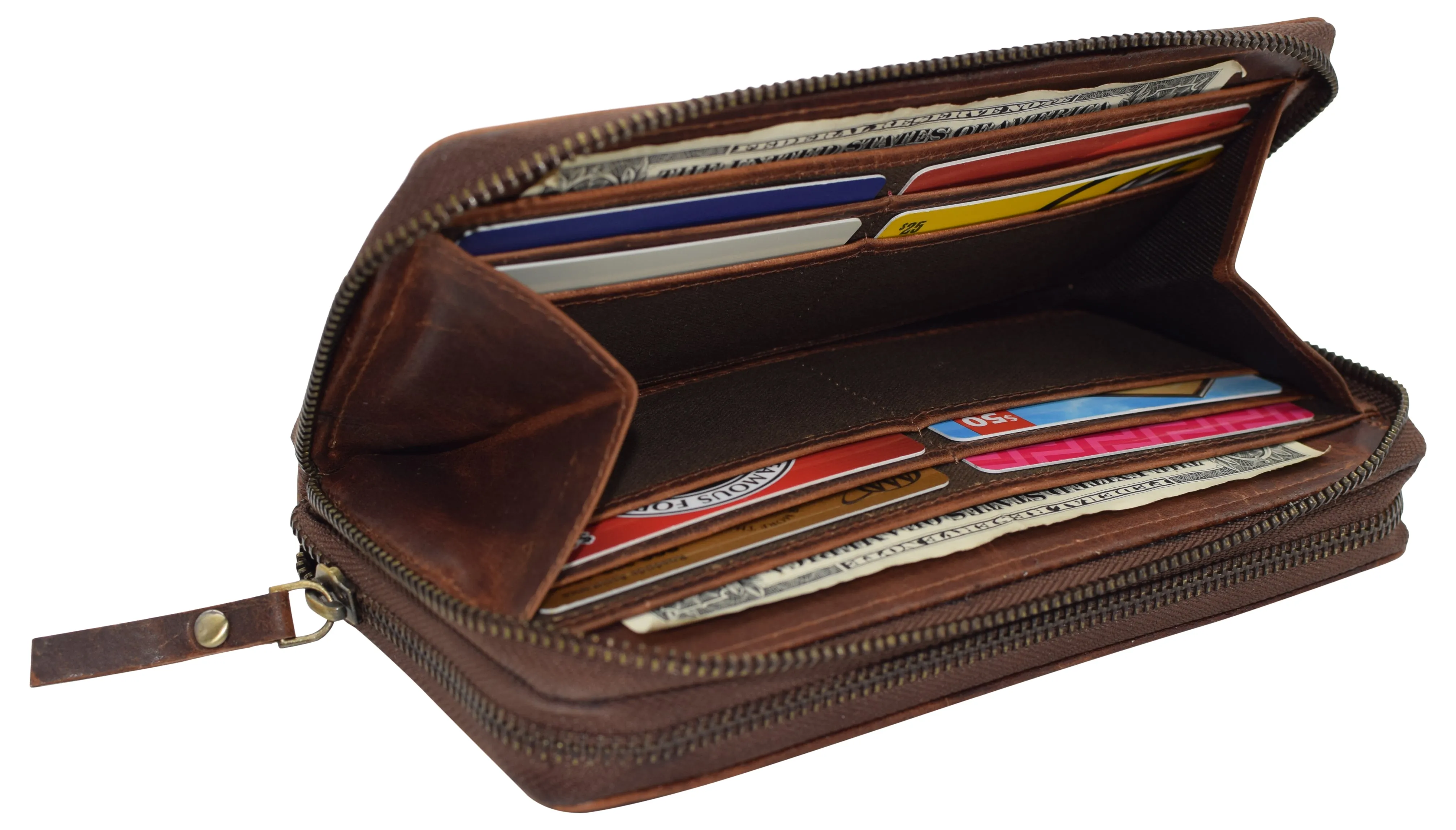 RFID4585RHU CAZORO Women's Vintage Leather RFID Blocking Wallet Double Zipper Organizer Large Phone Pocket Wrislet Wallets for Women