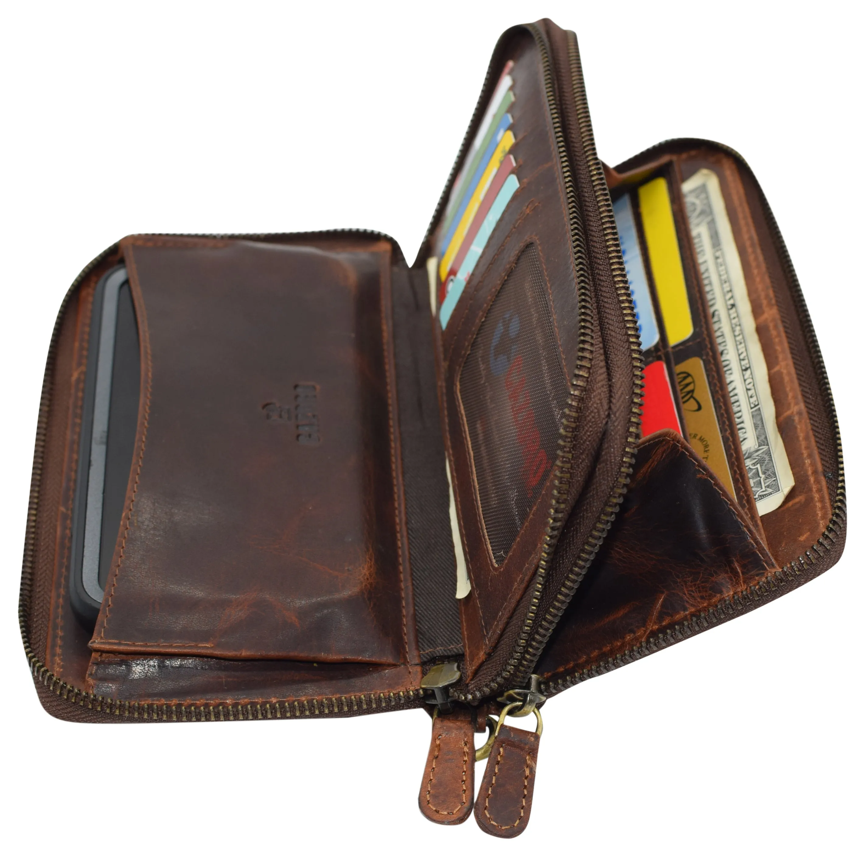 RFID4585RHU CAZORO Women's Vintage Leather RFID Blocking Wallet Double Zipper Organizer Large Phone Pocket Wrislet Wallets for Women