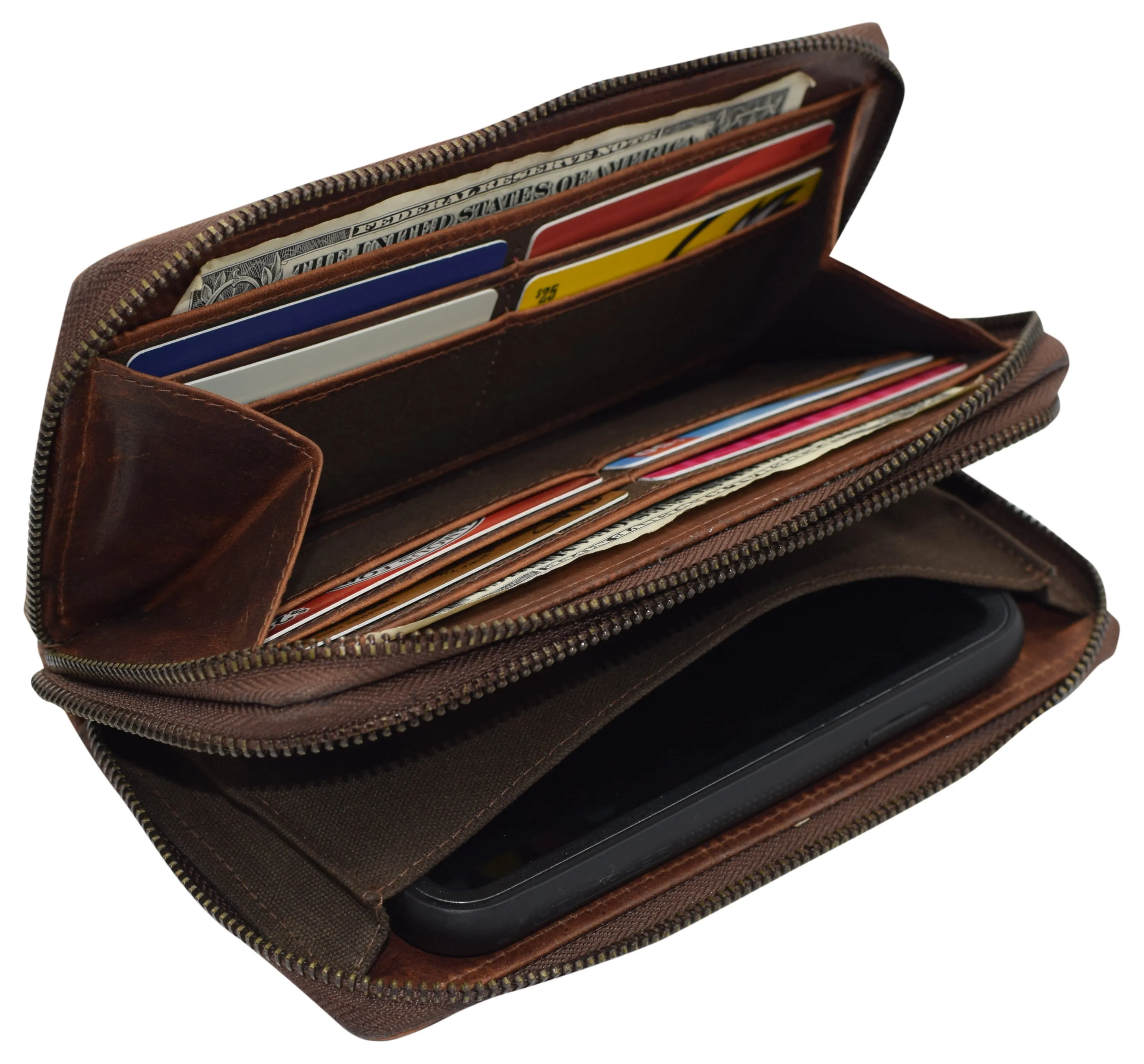 RFID4585RHU CAZORO Women's Vintage Leather RFID Blocking Wallet Double Zipper Organizer Large Phone Pocket Wrislet Wallets for Women