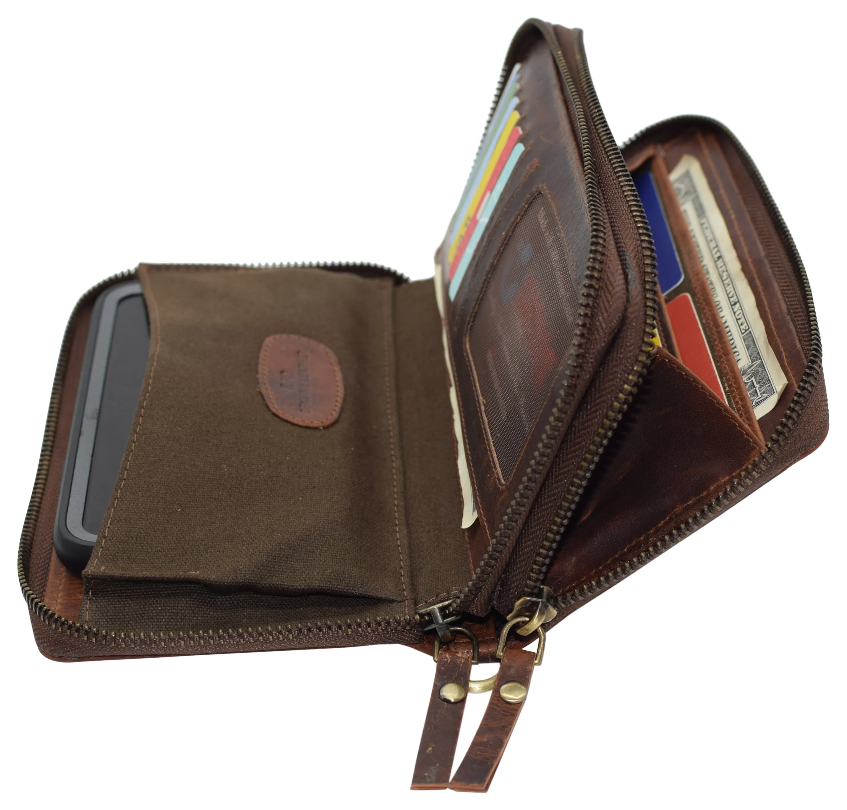 RFID4585RHU CAZORO Women's Vintage Leather RFID Blocking Wallet Double Zipper Organizer Large Phone Pocket Wrislet Wallets for Women