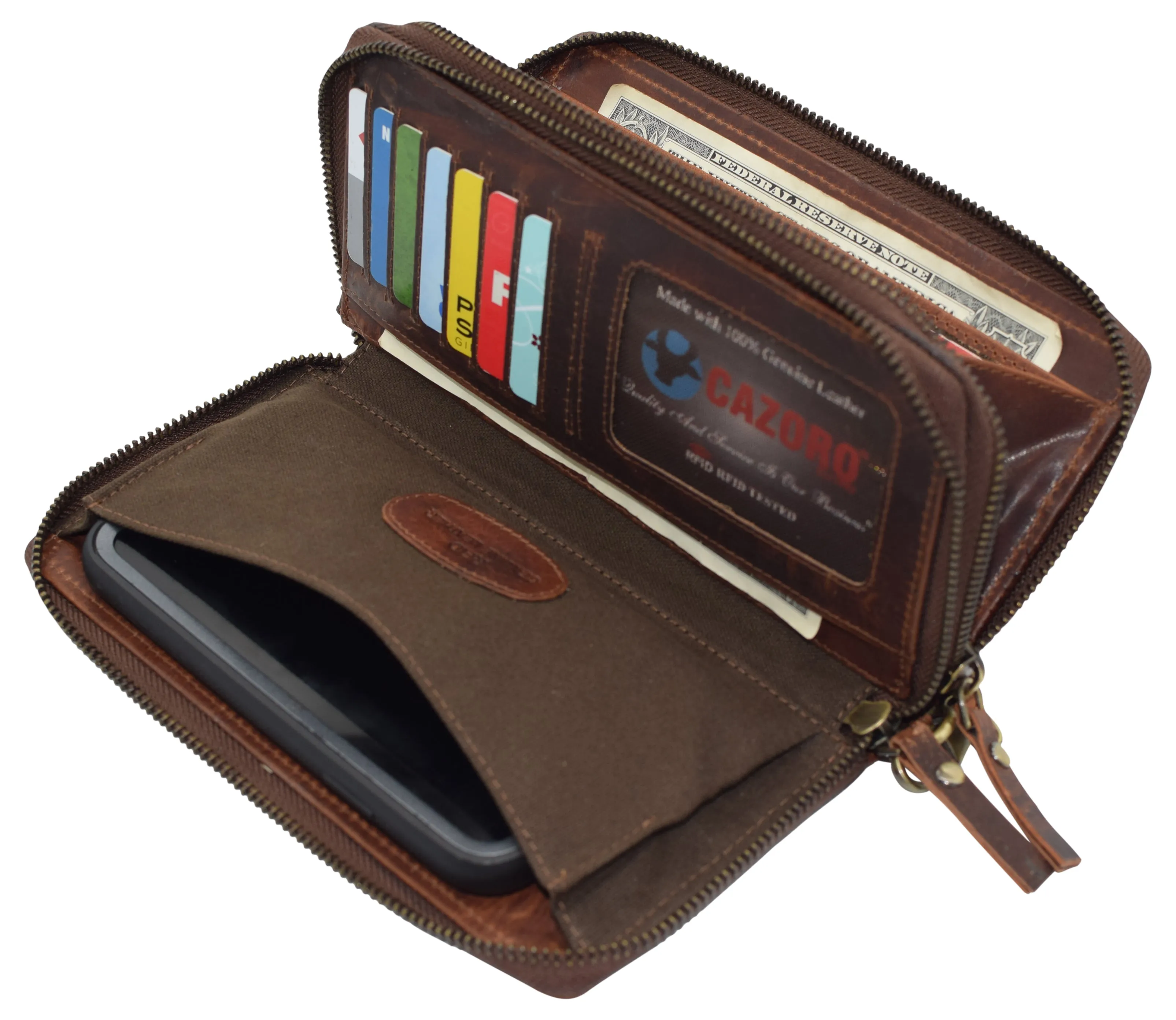RFID4585RHU CAZORO Women's Vintage Leather RFID Blocking Wallet Double Zipper Organizer Large Phone Pocket Wrislet Wallets for Women