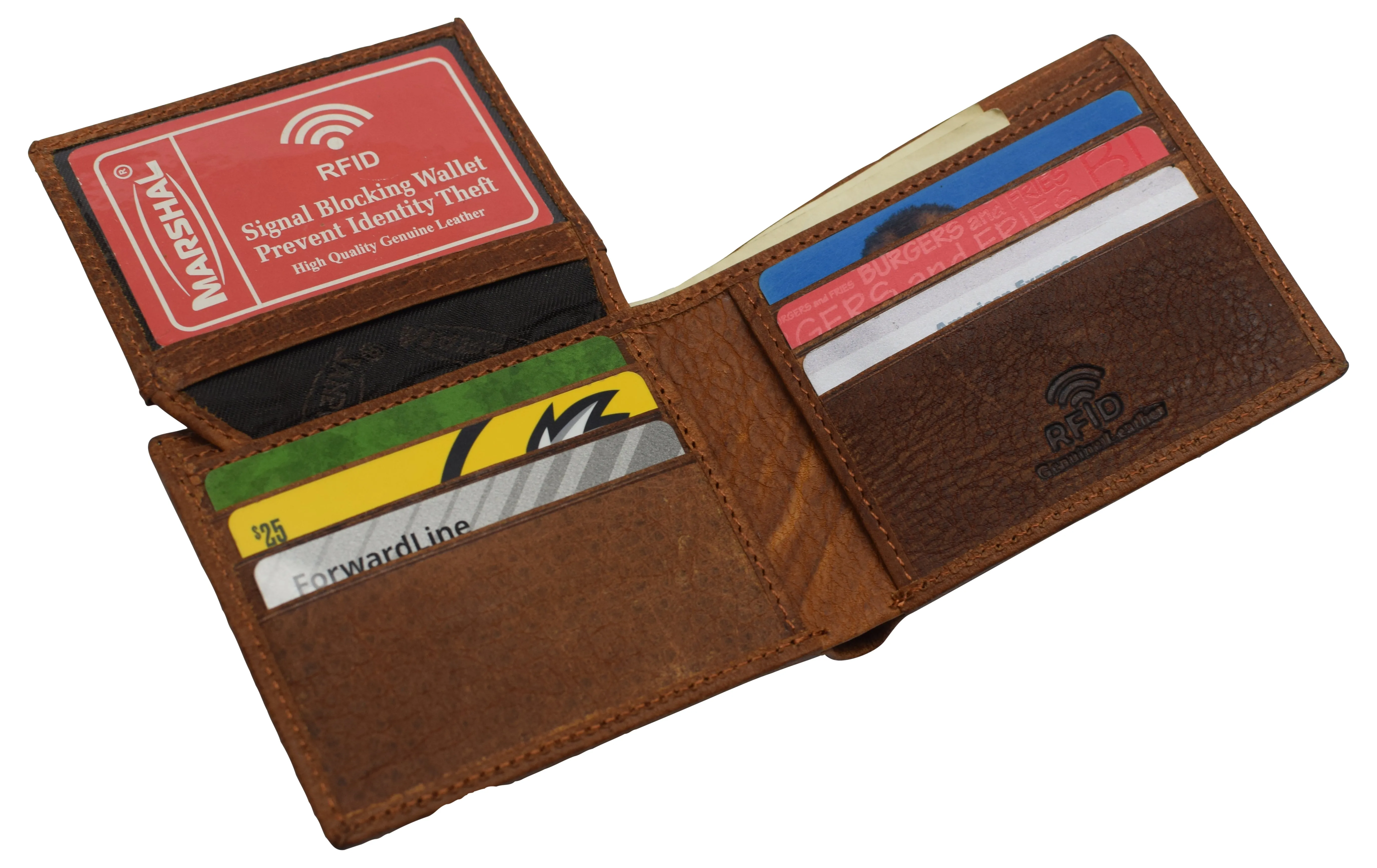 RFID53NUTN Real Genuine Leather RFID Blocking Wallets Mens Wallet Bifold Classic Engraved Logos