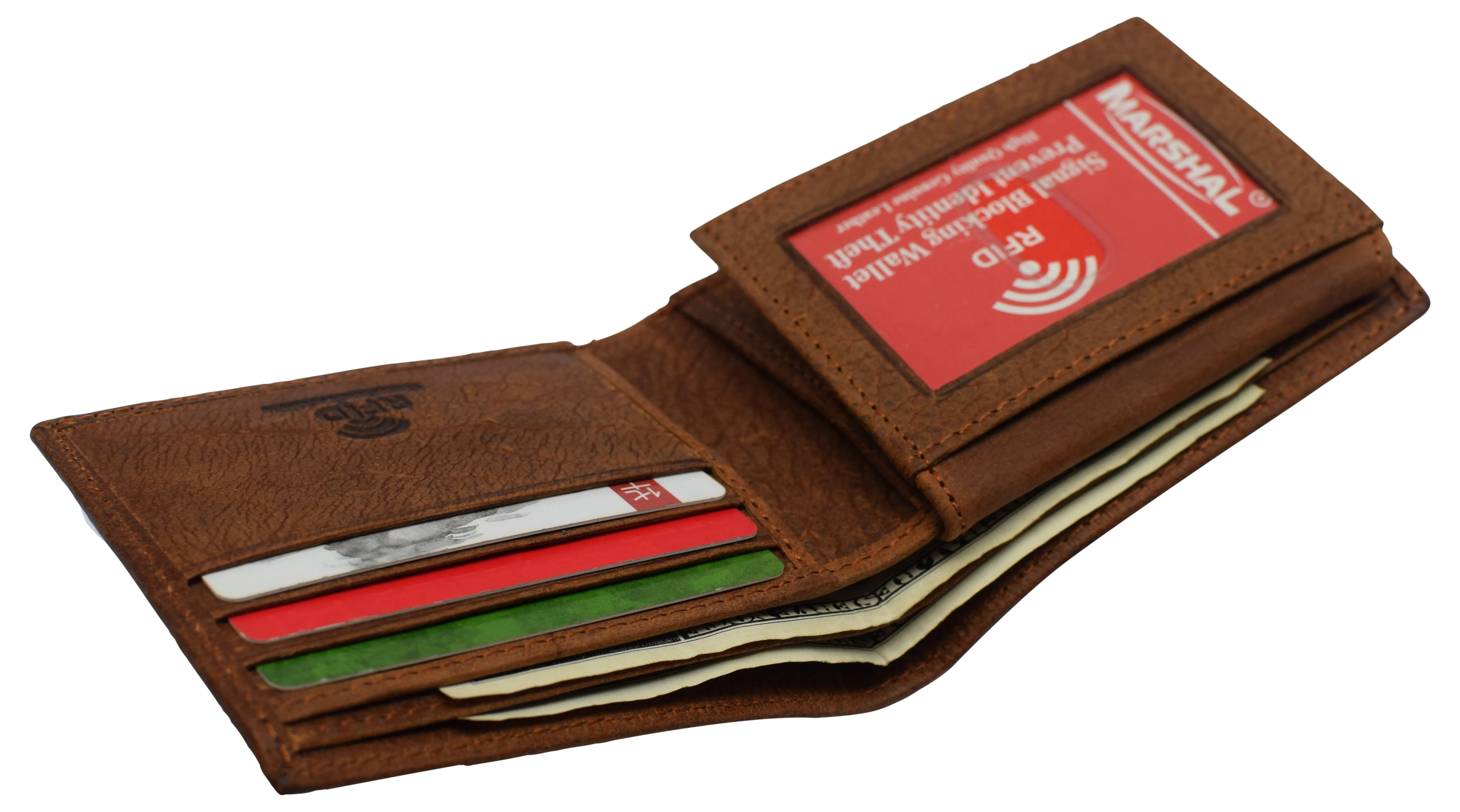 RFID53NUTN Real Genuine Leather RFID Blocking Wallets Mens Wallet Bifold Classic Engraved Logos