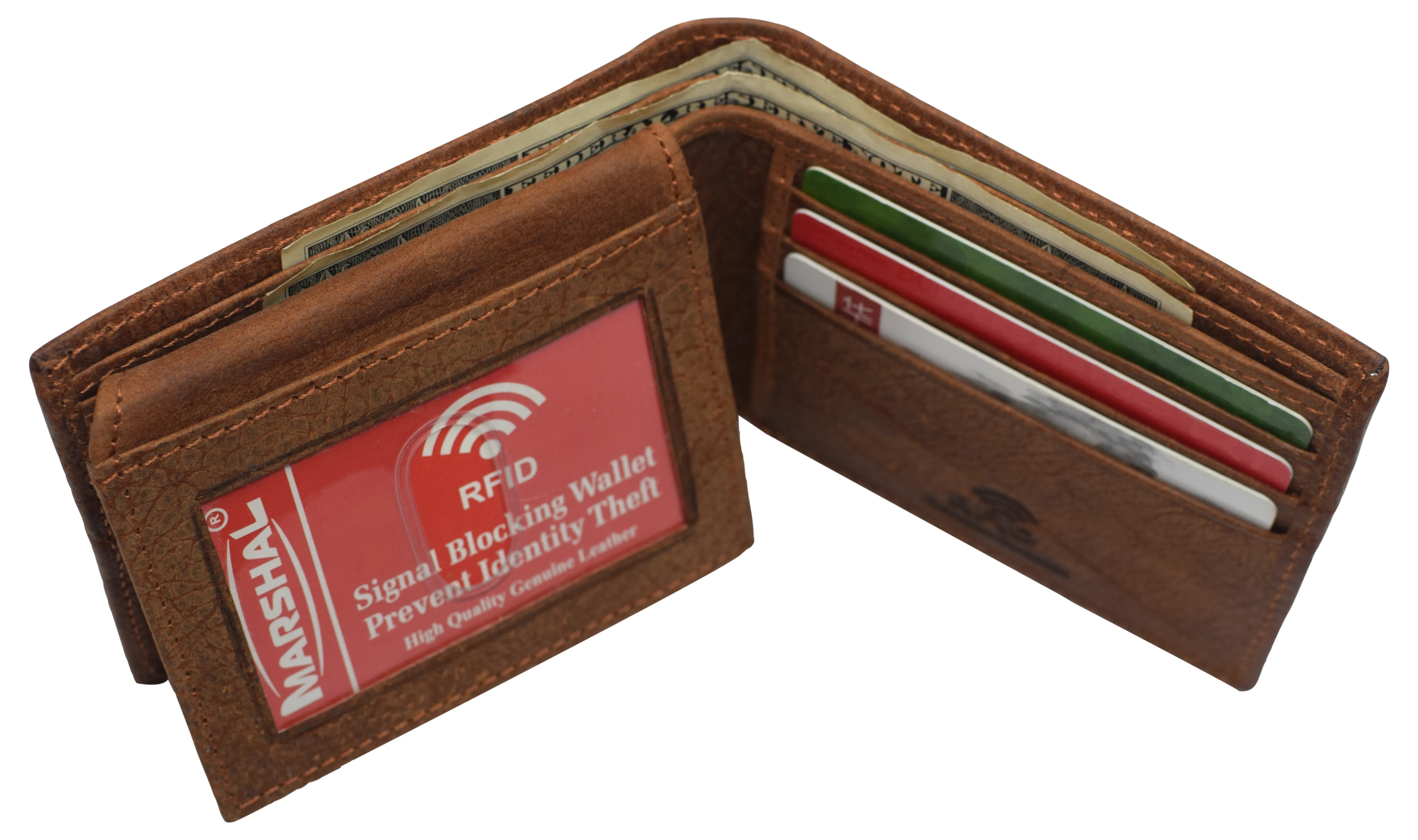 RFID53NUTN Real Genuine Leather RFID Blocking Wallets Mens Wallet Bifold Classic Engraved Logos