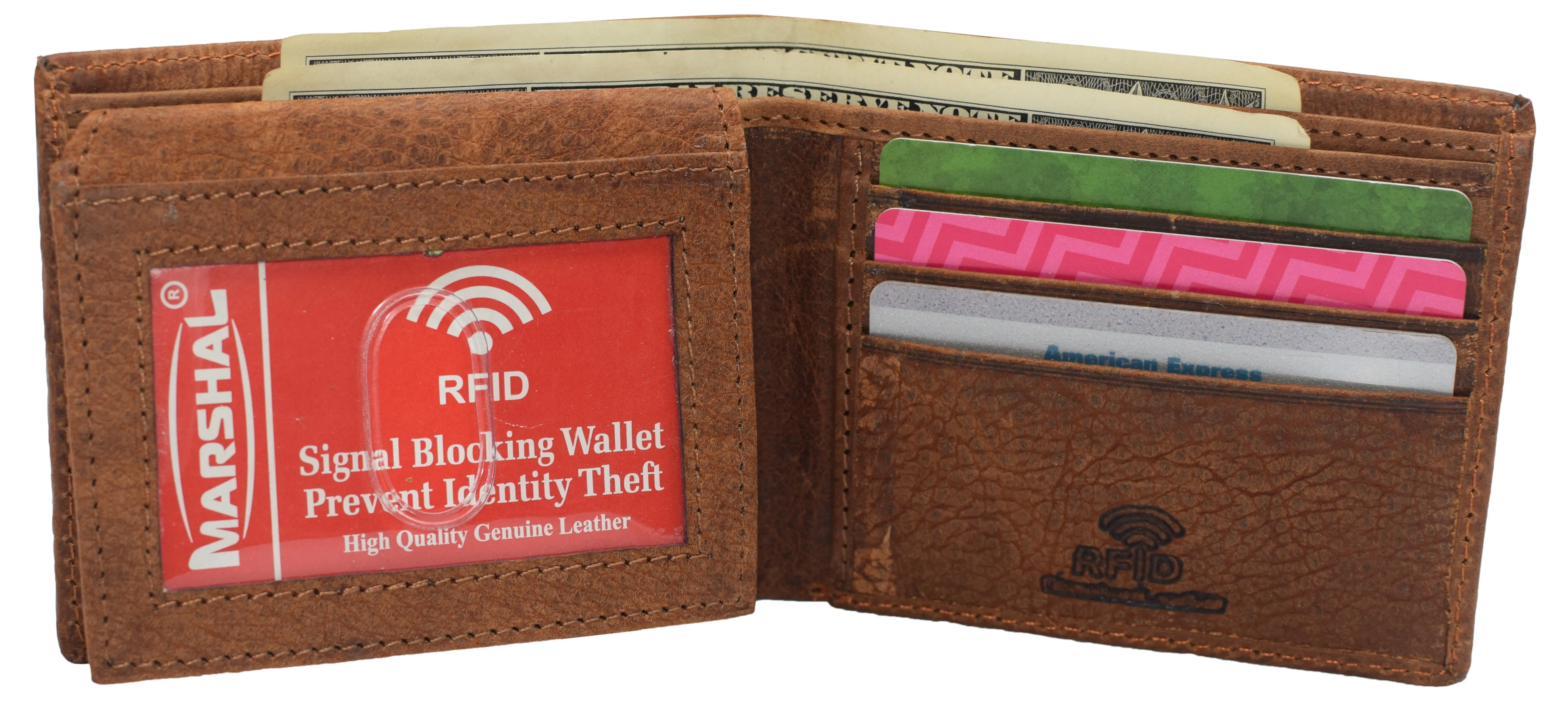 RFID53NUTN Real Genuine Leather RFID Blocking Wallets Mens Wallet Bifold Classic Engraved Logos