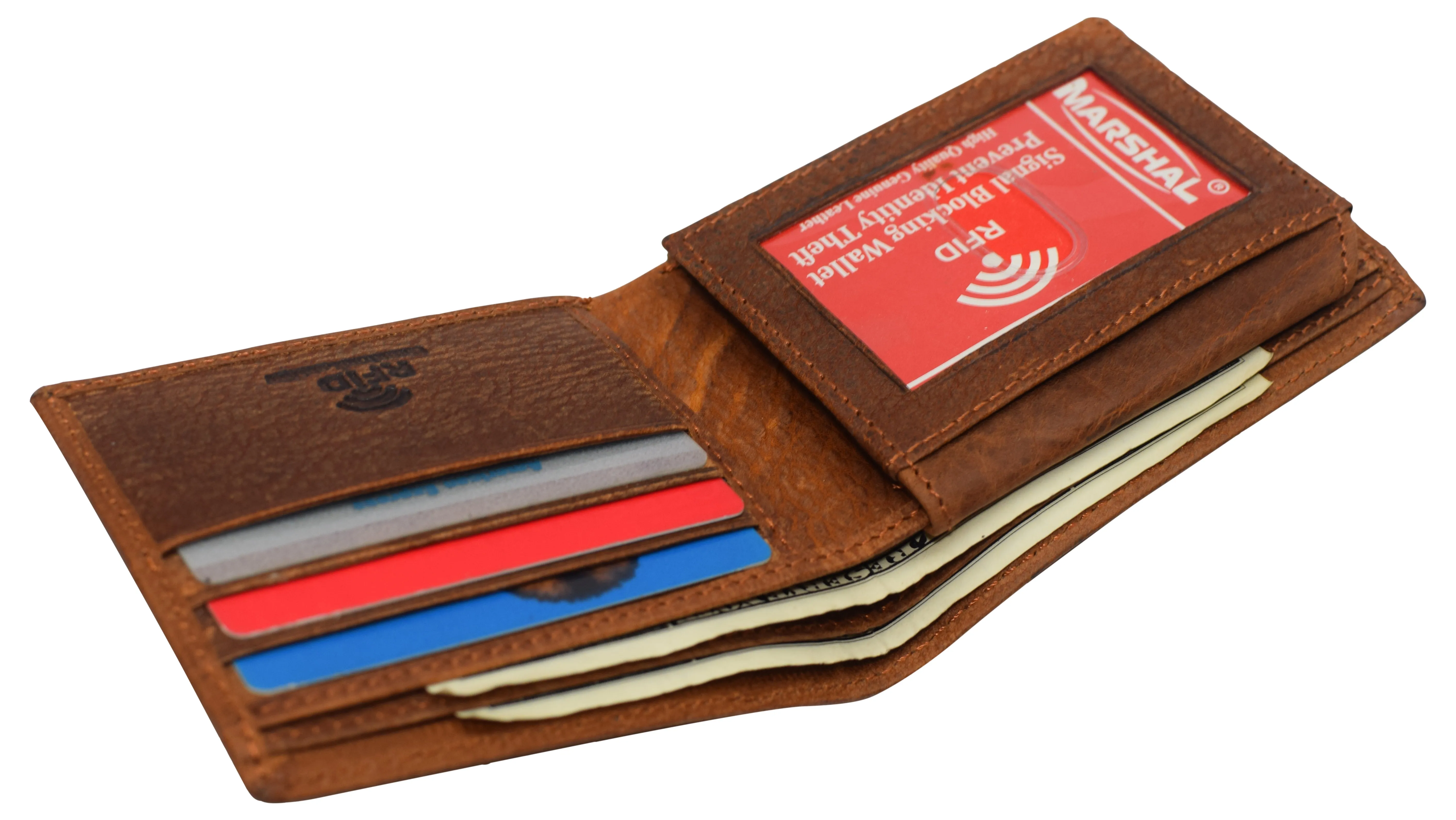 RFID53NUTN Real Genuine Leather RFID Blocking Wallets Mens Wallet Bifold Classic Engraved Logos