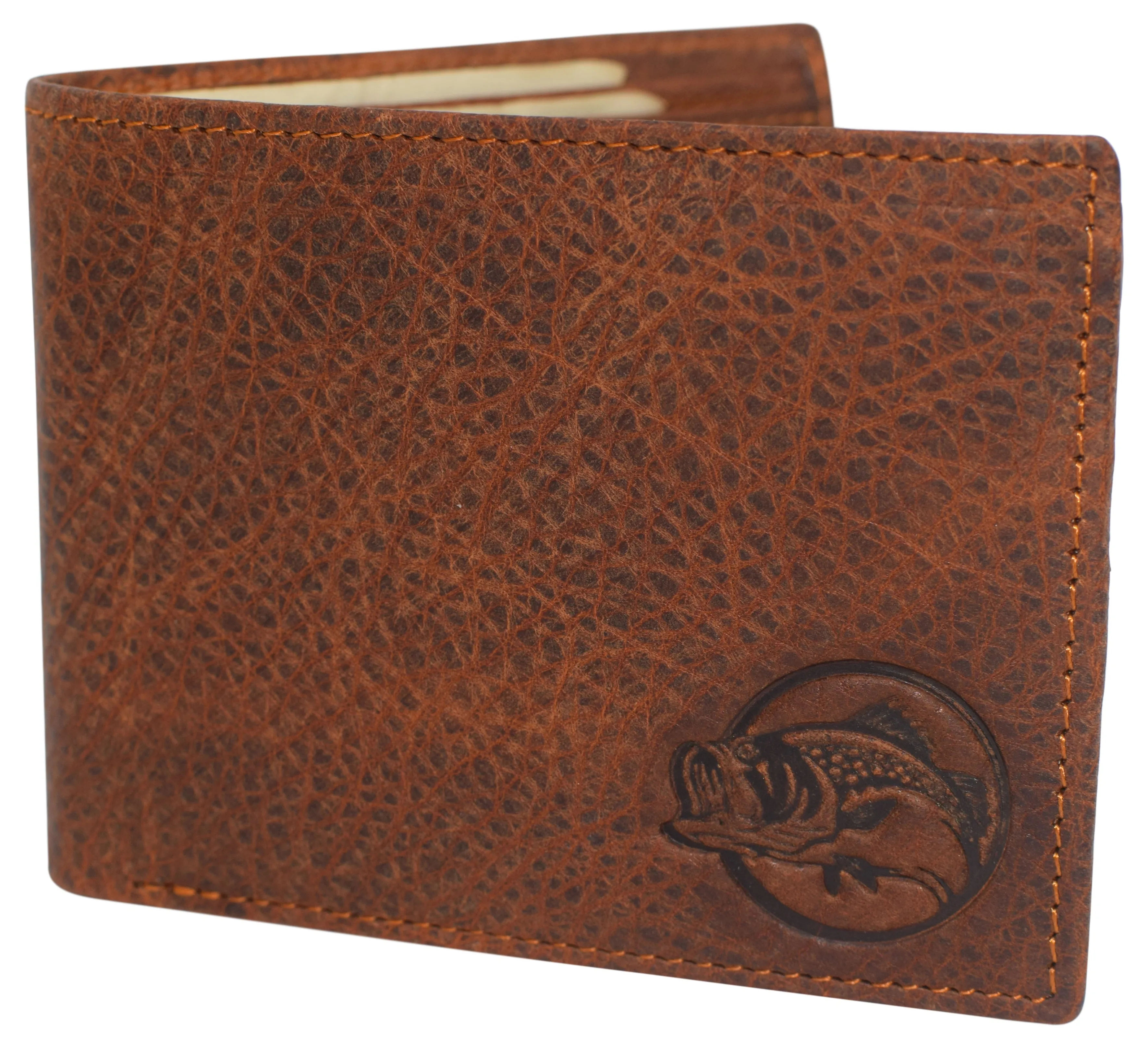 RFID53NUTN Real Genuine Leather RFID Blocking Wallets Mens Wallet Bifold Classic Engraved Logos