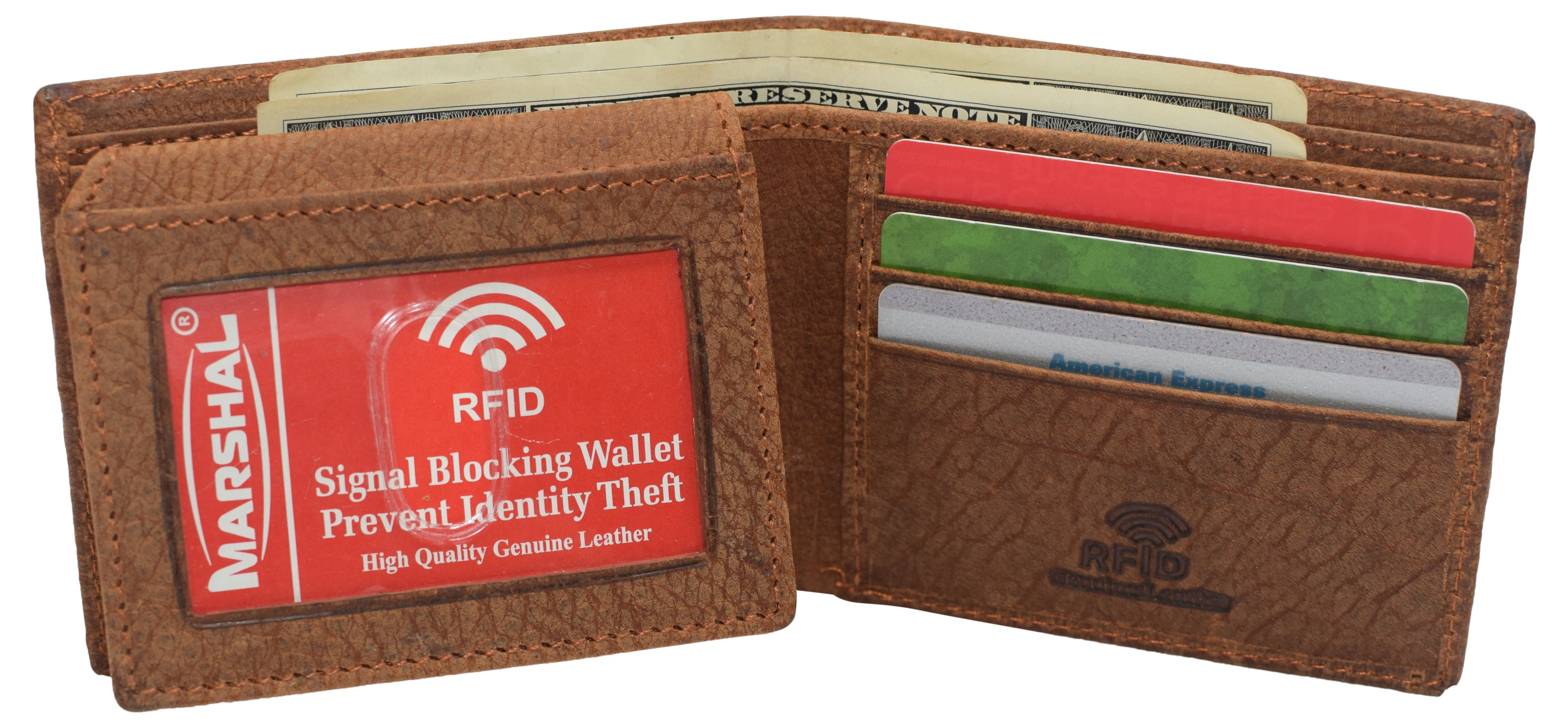 RFID53NUTN Real Genuine Leather RFID Blocking Wallets Mens Wallet Bifold Classic Engraved Logos
