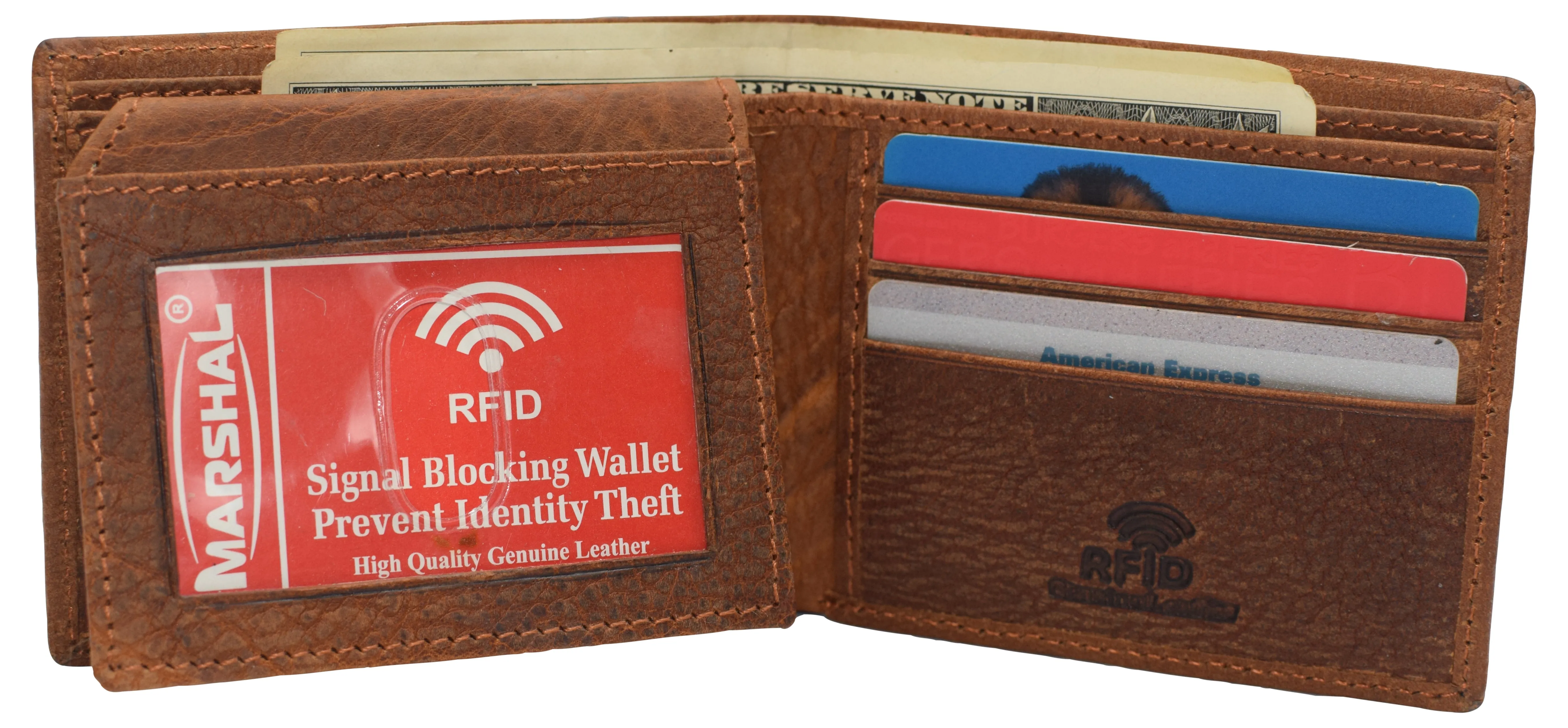 RFID53NUTN Real Genuine Leather RFID Blocking Wallets Mens Wallet Bifold Classic Engraved Logos