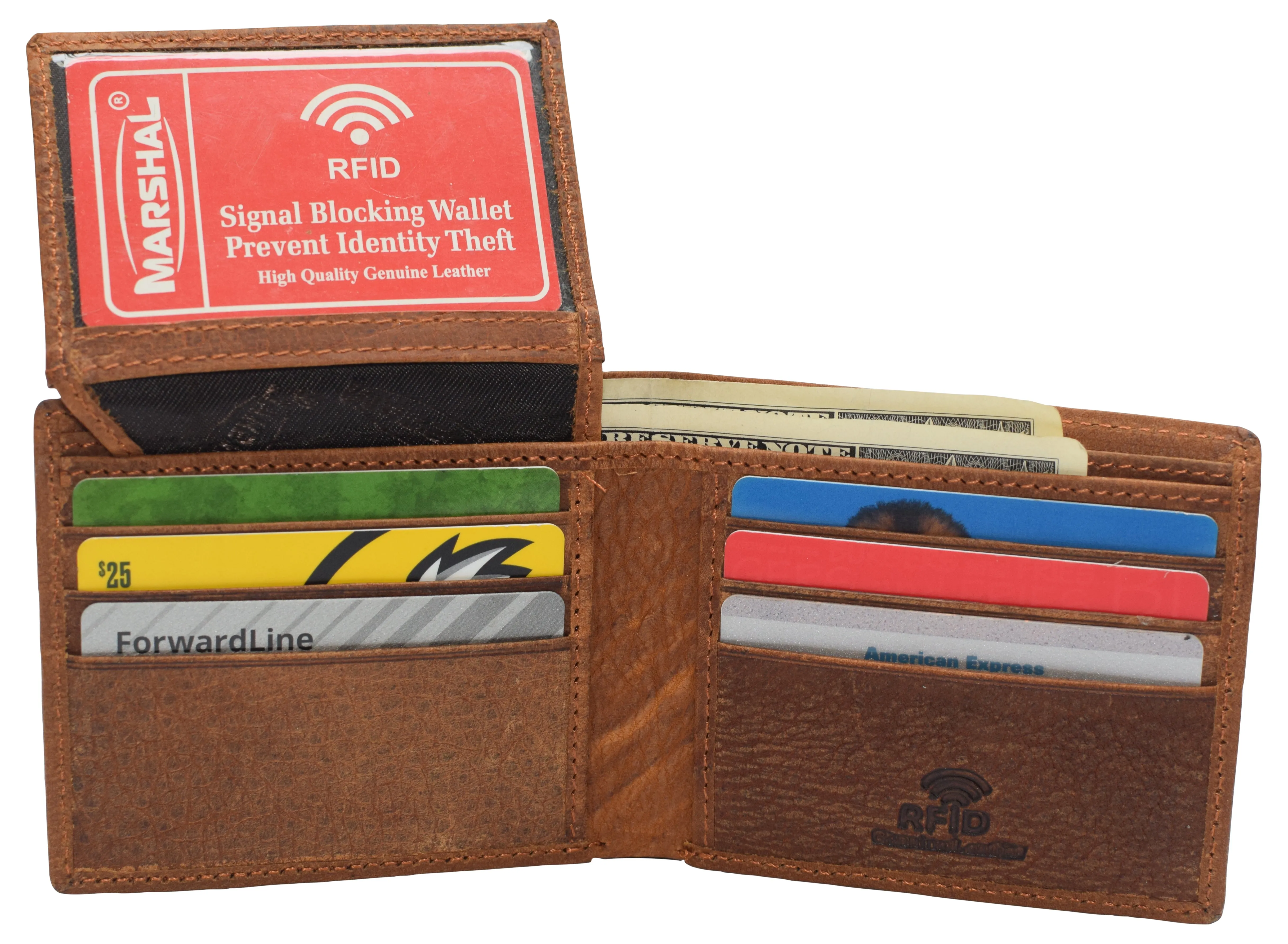 RFID53NUTN Real Genuine Leather RFID Blocking Wallets Mens Wallet Bifold Classic Engraved Logos