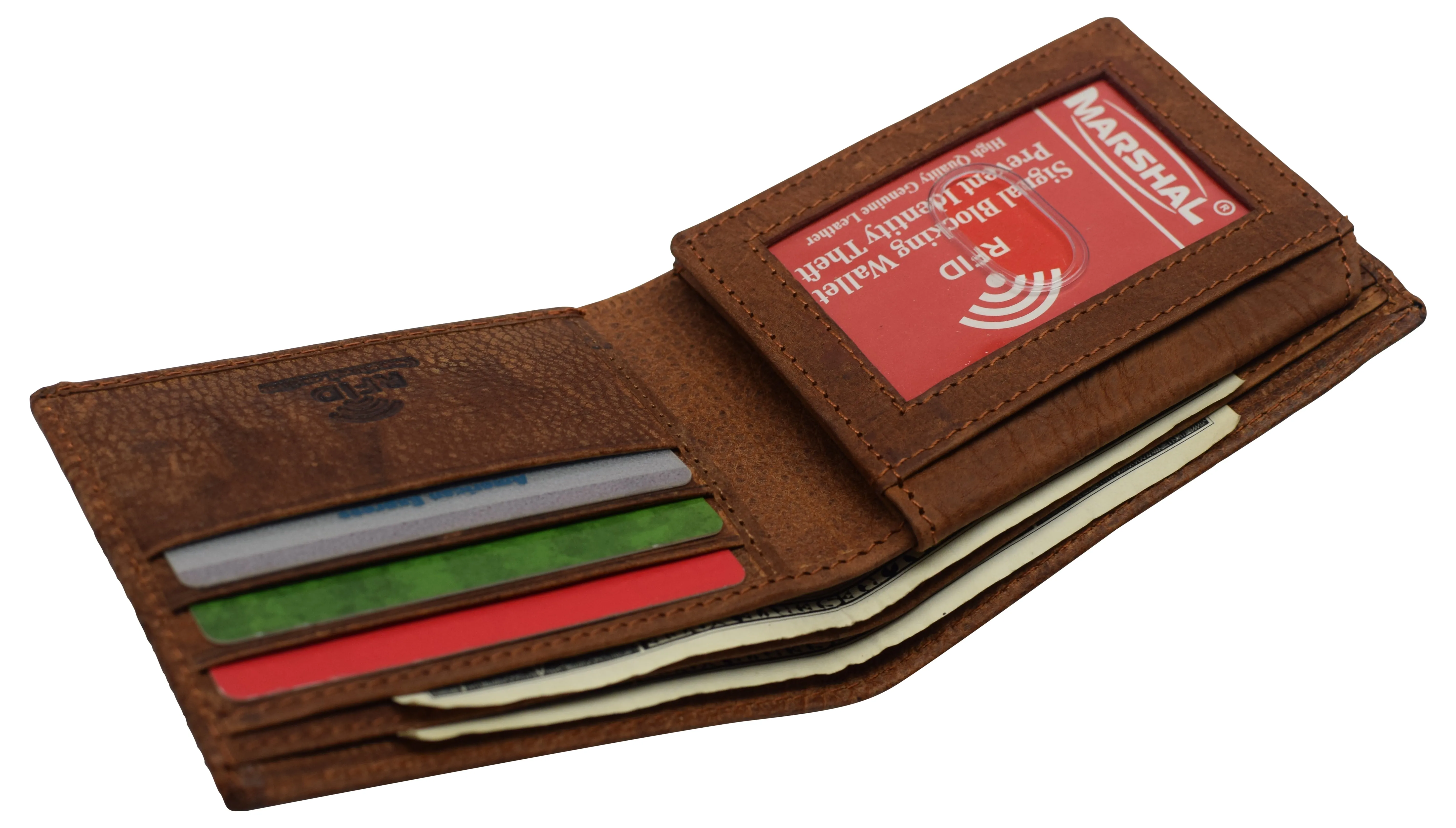 RFID53NUTN Real Genuine Leather RFID Blocking Wallets Mens Wallet Bifold Classic Engraved Logos