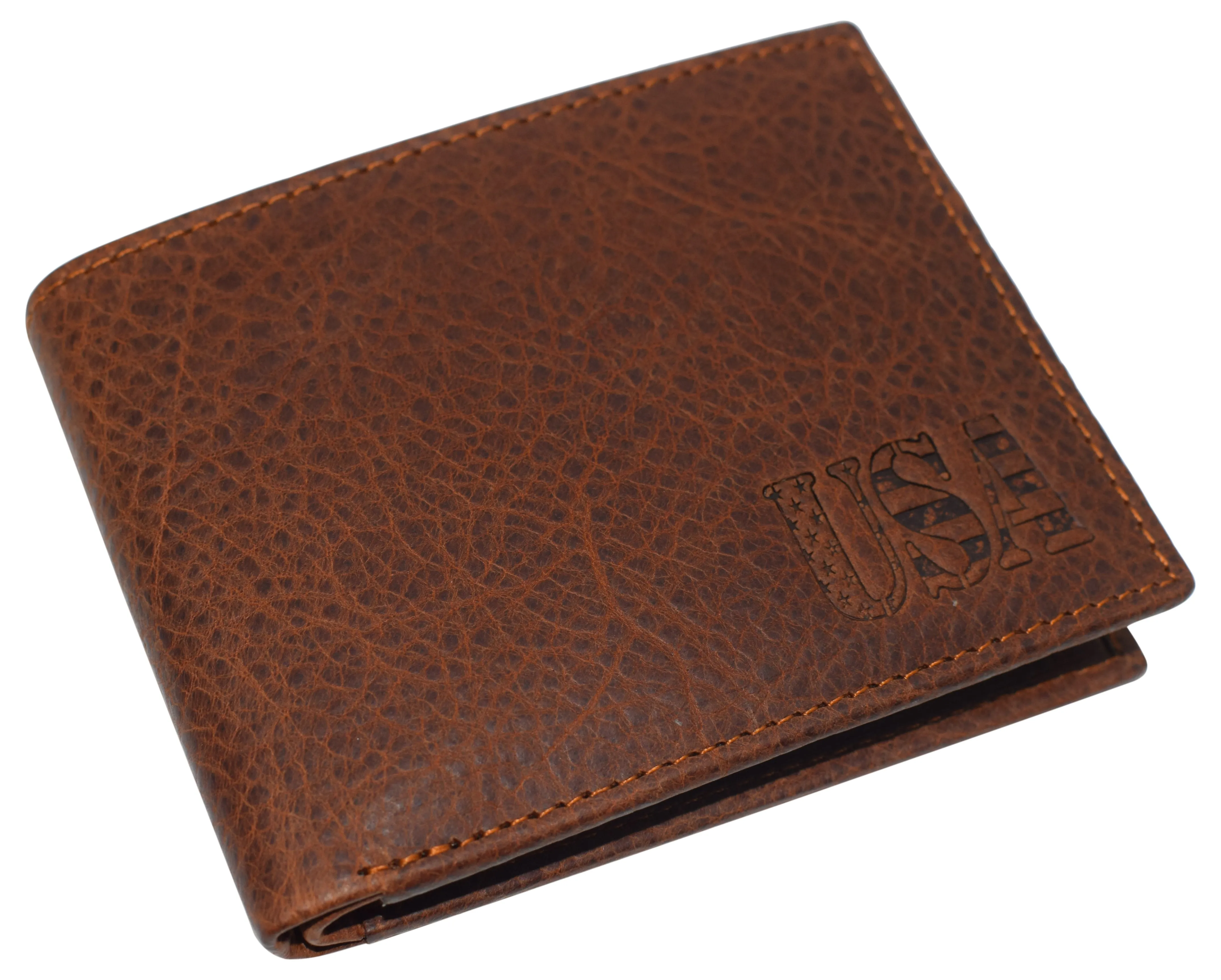 RFID53NUTN Real Genuine Leather RFID Blocking Wallets Mens Wallet Bifold Classic Engraved Logos