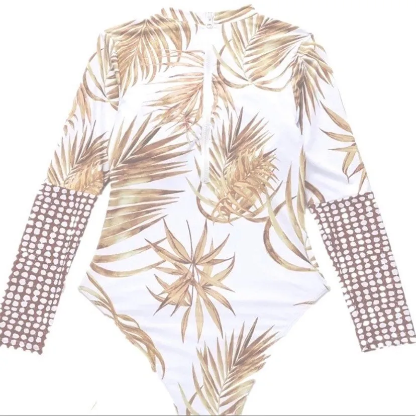 S - XL UPF Rashguard Sunset Palms surfsuit swimsuit cream white chill beige sun-kissed khaki beach pool surf swim women feminine modest