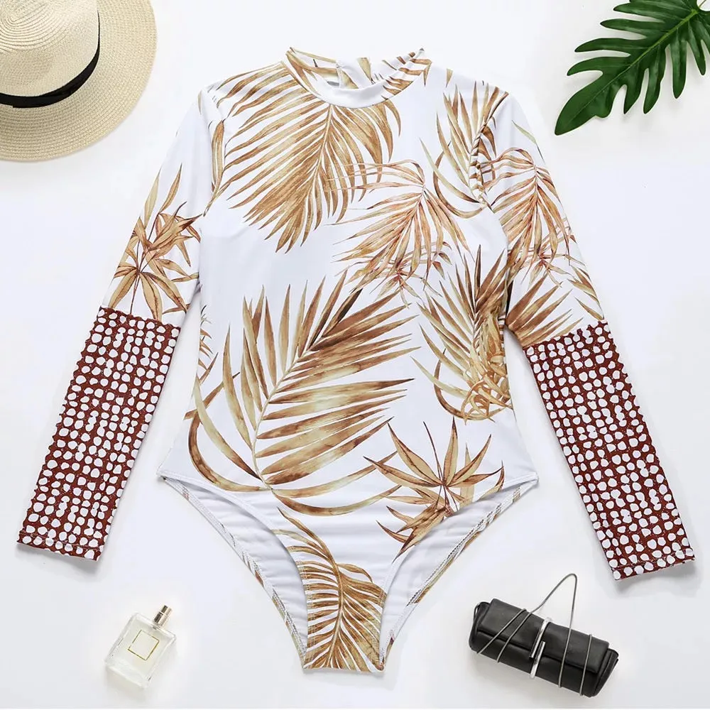 S - XL UPF Rashguard Sunset Palms surfsuit swimsuit cream white chill beige sun-kissed khaki beach pool surf swim women feminine modest