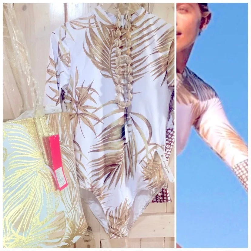 S - XL UPF Rashguard Sunset Palms surfsuit swimsuit cream white chill beige sun-kissed khaki beach pool surf swim women feminine modest