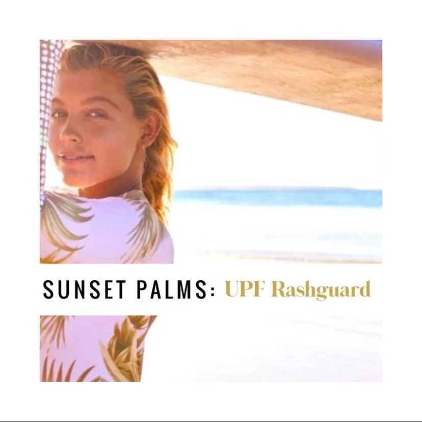 S - XL UPF Rashguard Sunset Palms surfsuit swimsuit cream white chill beige sun-kissed khaki beach pool surf swim women feminine modest